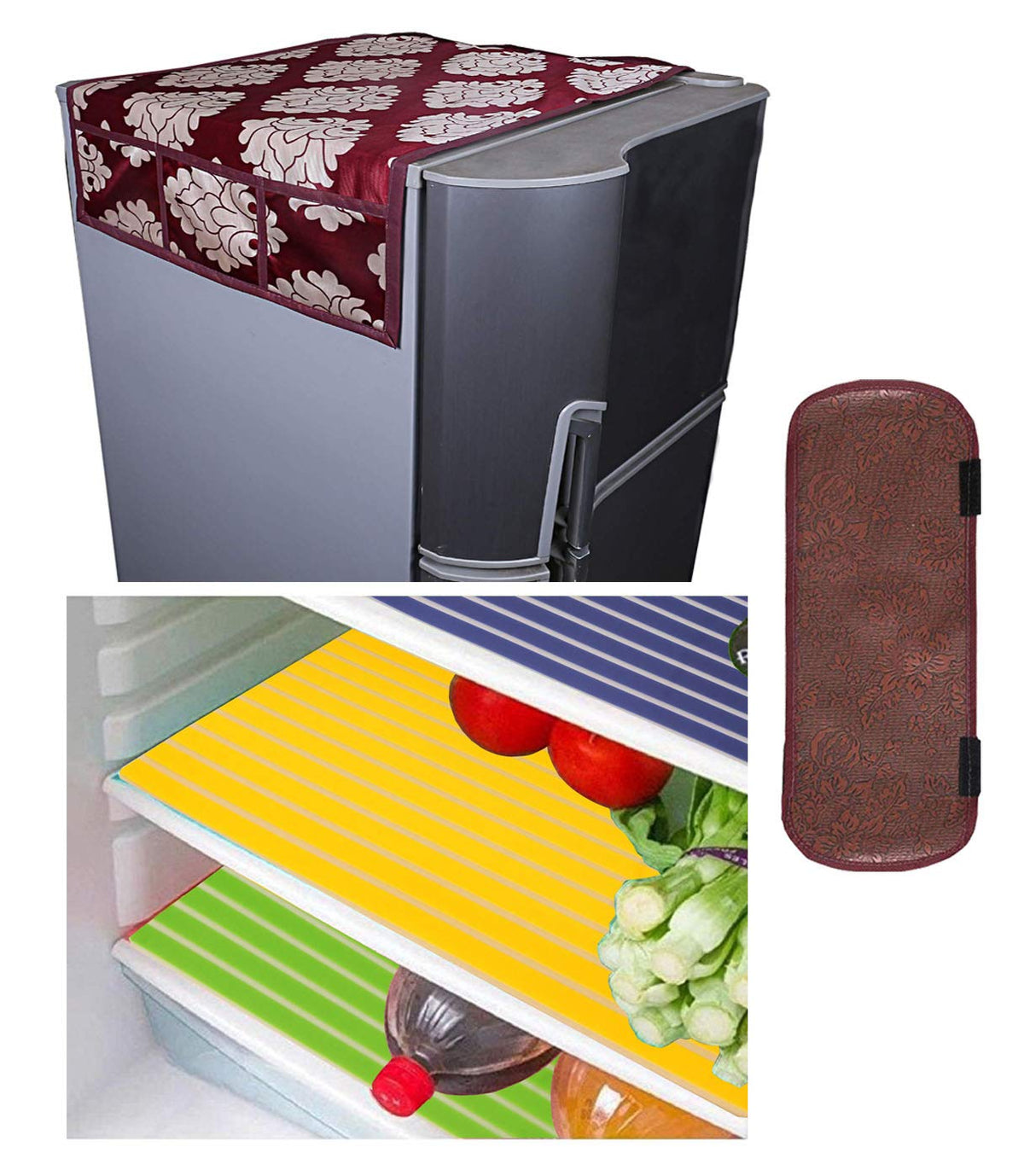 Kuber Industries PVC 3 Pieces Fridge Mats, 1 Piece Handle Cover and 1 Piece Fridge Top Cover (Multi) - CTKTC7504