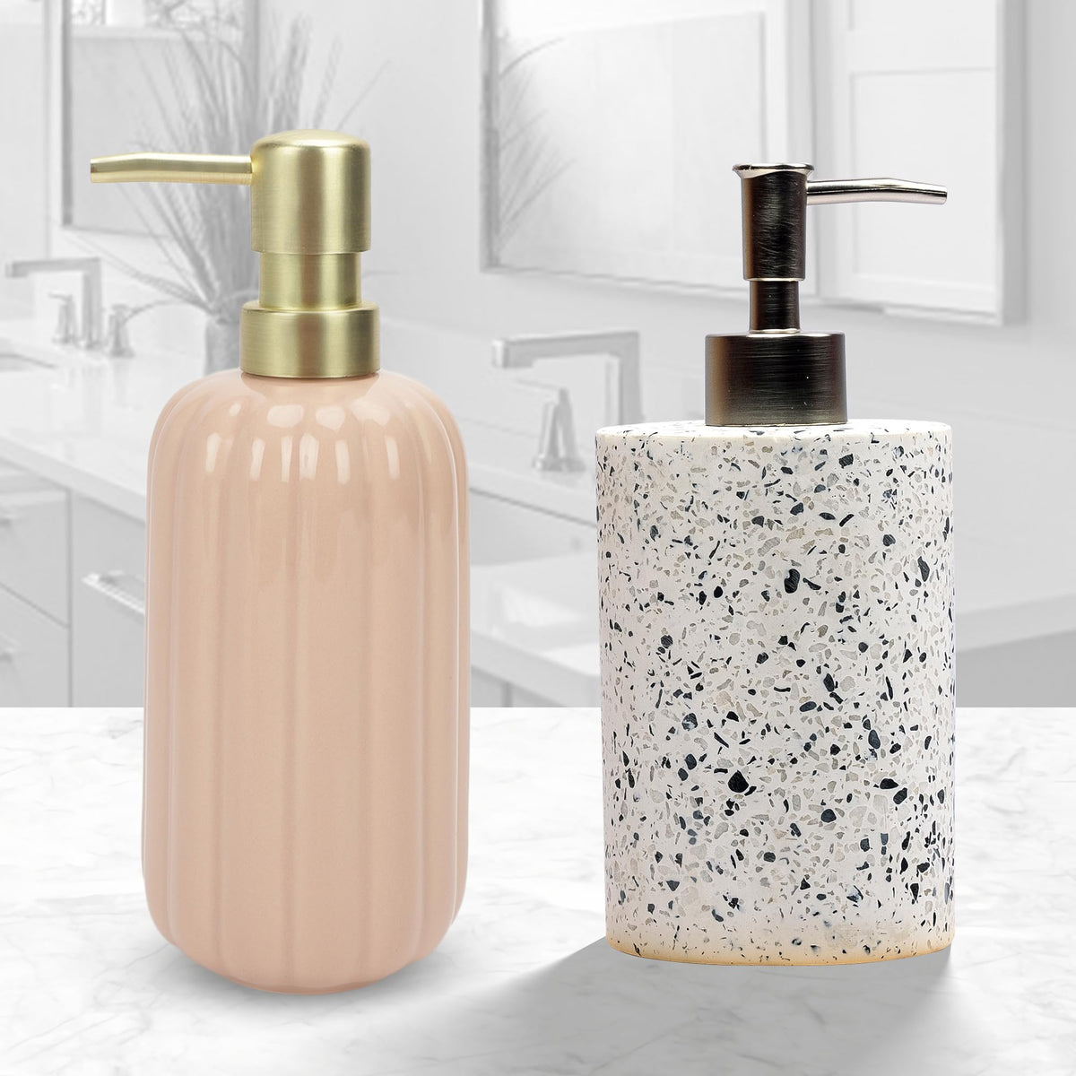 Anko Terrazo Liquid Soap Dispenser (400 mL) & Pink Ribbed Liquid Soap Dispenser (400 mL) Set for Bathroom | Rust-Proof, Leak-Proof, Easy to Clean | Stoneware Bathroom Sanitizer, Lotion