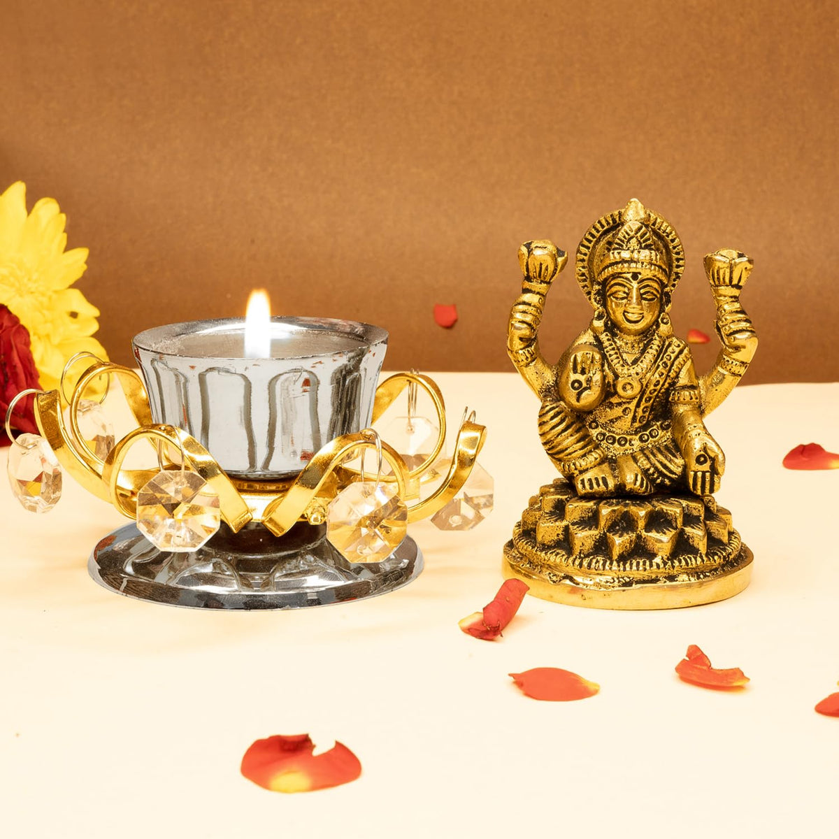 Ekhasa 100% Pure Brass Lakshmi Devi Idol & Tealight Candle Holder (8.4 CM) | Goddess Laxmi Idol for Pooja Room, Home Decor, Car Dashboard, Office Desk | Varalakshmi Puja Idol for Diwali (Combo Set)