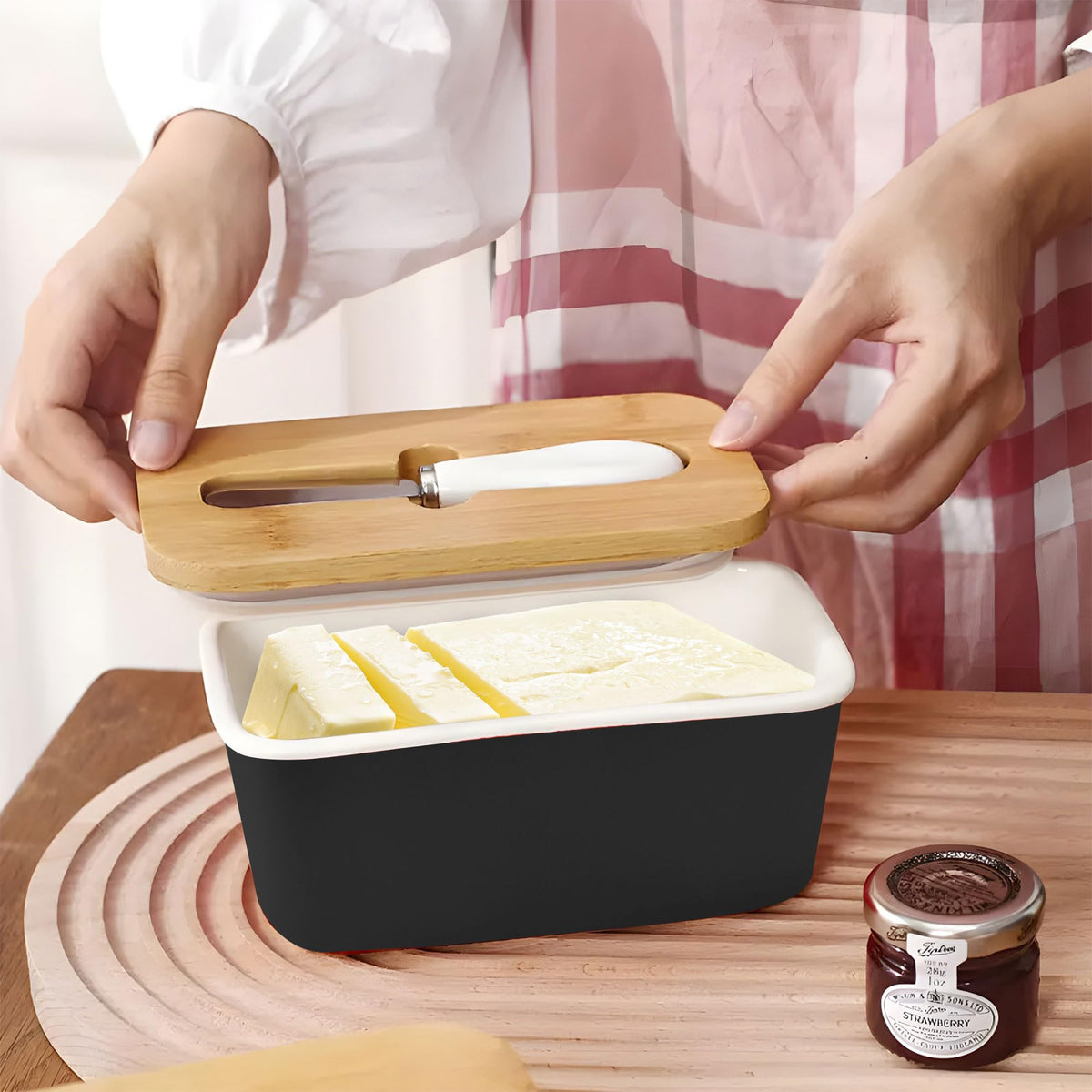 UMAI Ceramic Butter Dish with Wooden Lid & Stainless Steel Knife | Fridge Storage Boxes | Fridge Organiser | Airtight Seal | Black Kitchen Container Set | Kitchen Items | Knife for Kitchen |