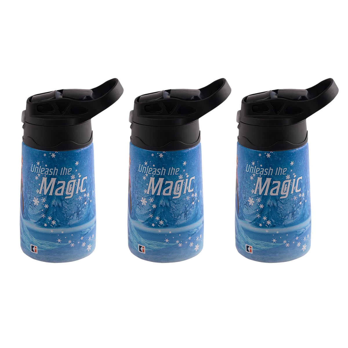 Kuber Industries 350 ml Insulated Water Bottle | Disney Frozen Kids Water Bottle | Stainless Steel Kids Water Bottle | Water Bottle with Push-Button Flip Lid | Bottle For School | Blue | Pack of 3