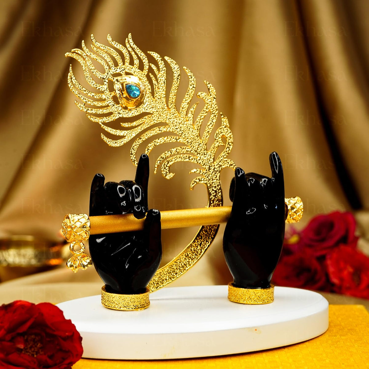 Ekhasa Lord Krishna Hands with Flute Idol | Krishna Flute Hand Statue | Krishnaji Divine Hand Idol with Flute, Peacock Feather | Krishna Statue for Car Dashboard, Living Room, Griha Pravesh Gift