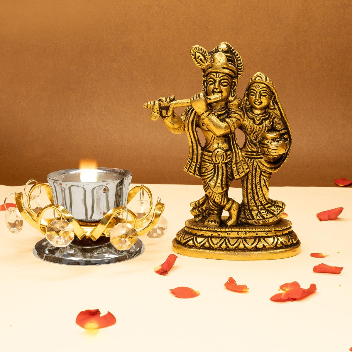 Ekhasa 100% Pure Brass Radha Krishna Murti & Tealight Candle Holder (Size: 12.8cm) | Radha Krishna Statue | Radha Krishna Idol for Gift | Radhe Krishna ki Murti for Pooja Room & Home Decor (Combo Set)