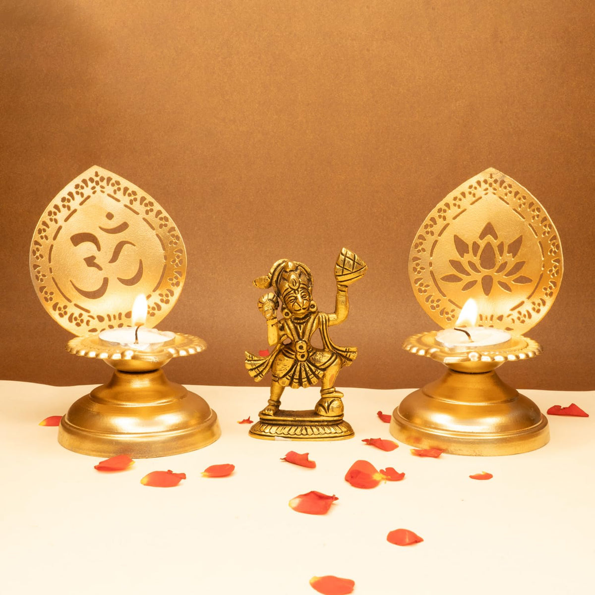 Ekhasa 100% Pure Brass Hanuman Ji Murti and Tealight Candle Holder for Home Puja (Size: 8.4 cm) | Lord Hanuman Idol for Desk, Car and Home Decor | Bajrangbali Murti | Bahubali Hanuman Idol (Combo Set)