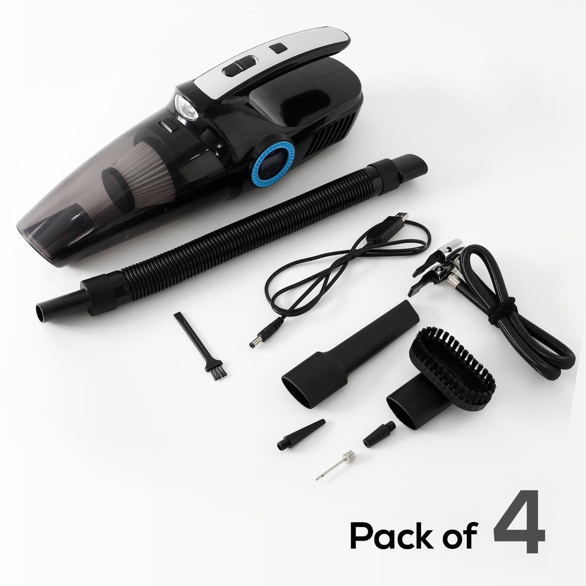 Kuber Industries 4 in 1 Cordless Vacuum Cleaner with Tyre Inflator | 6000mah-USB, 12V DC, 6000Pa Suction | Portable Vaccine Cleaner for Car and Home | MK2404B | Pack of 4 | Black