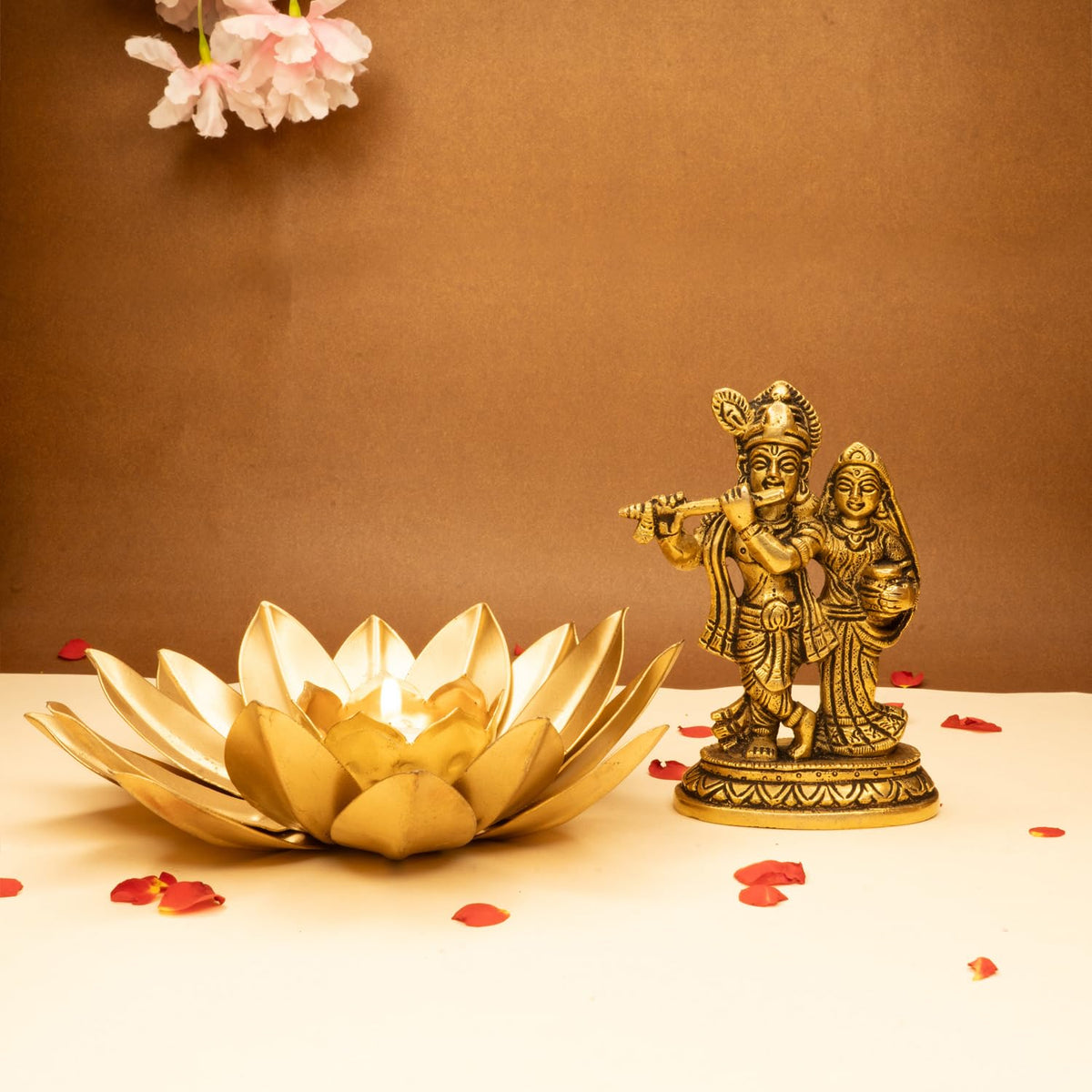 Ekhasa 100% Pure Brass Radha Krishna Murti & Tealight Candle Holder (Size: 12.8cm) | Radha Krishna Statue | Radha Krishna Idol for Gift | Radhe Krishna ki Murti for Pooja Room & Home Decor (Combo Set)