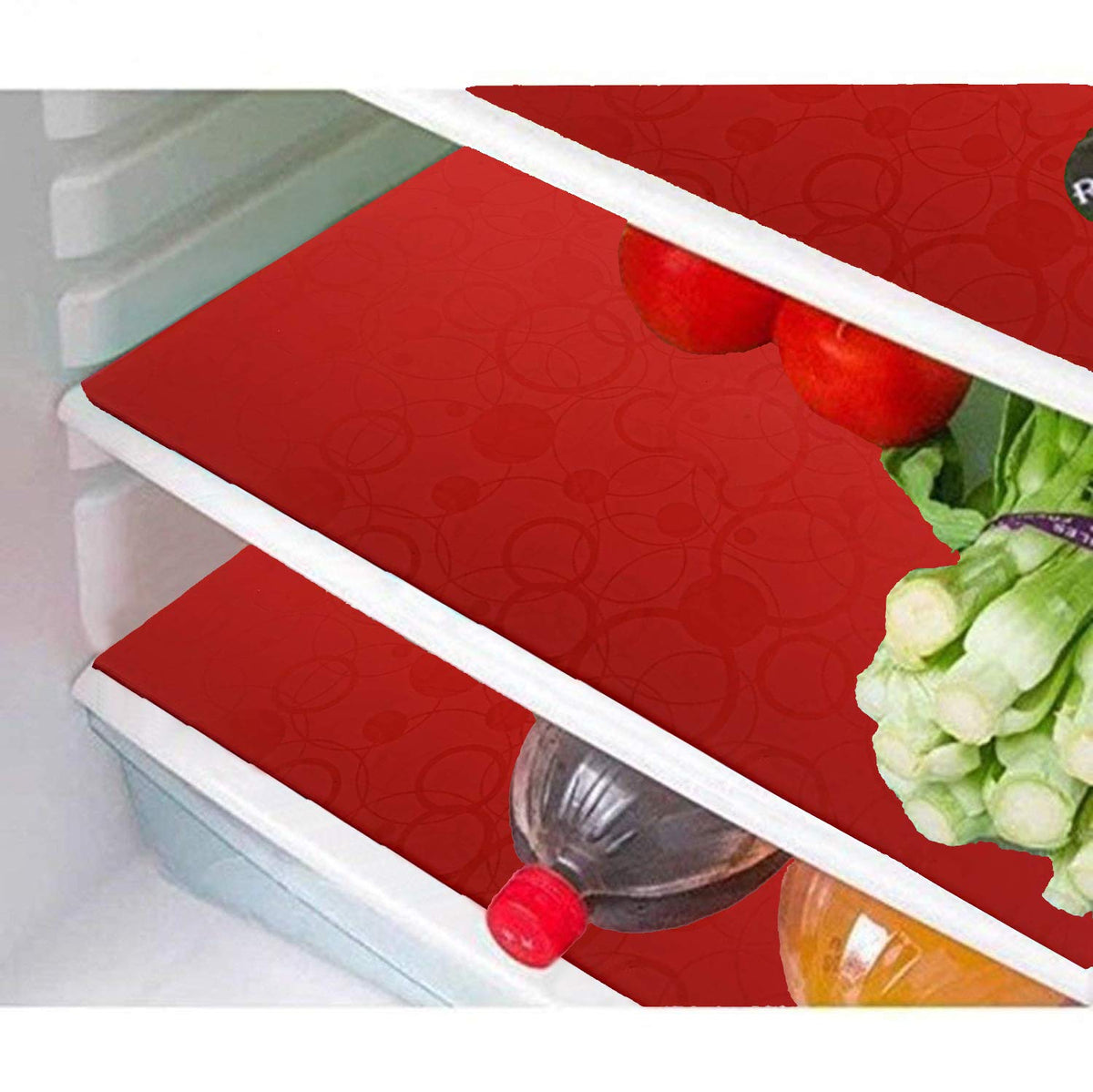 Kuber Industries Circle Design 6 Piece PVC Refrigerator Drawer Mat Set - Red - CTKTC22362, Standard (CTKTC022362)