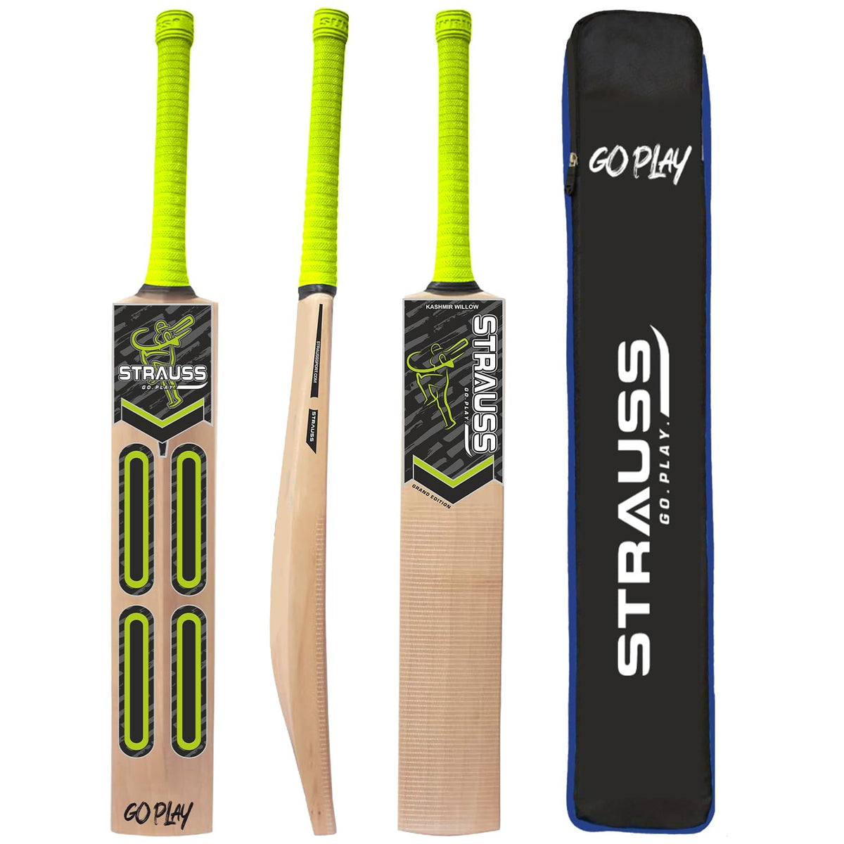 STRAUSS Grand Edition Kashmir Willow Scoop Cricket Bat |Size: Short Hand| Green |Suitable for Tennis Ball |Ideal for Boys/Youth/Adults (900-1050 Grams)