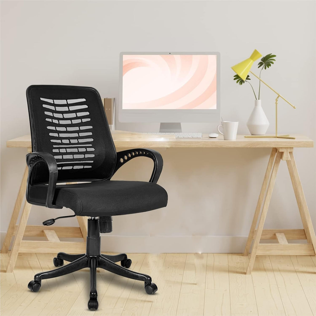 Kuber Industries Ergonomic Revolving Office Chairs for Work from Home | Comes with Manual Height Adjustable, Armrest Support | Comfy Study Chair for Students with Wheels | Black