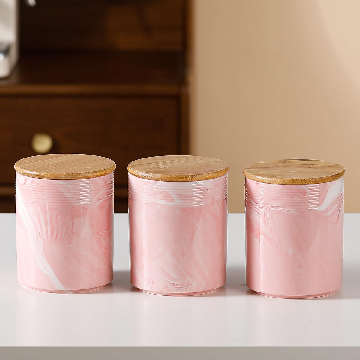 UMAI Ceramic Jars for Kitchen Storage with Bamboo Lid | Set of 3 | Airtight Kitchen Containers Set | Kitchen Accessories Items | 720ml Each | Pink