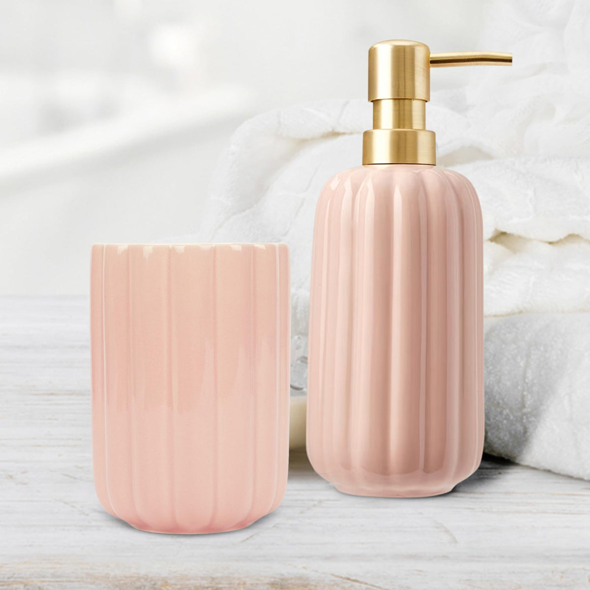 Anko Pink Ribbed Stoneware Toothbrush Holder & Liquid Soap Dispenser (400mL) Set for Bathroom | Rust-Proof, Leak-Proof, Easy to Clean | Bathroom Sanitizer, Lotion, Shampoo Dispenser Pink