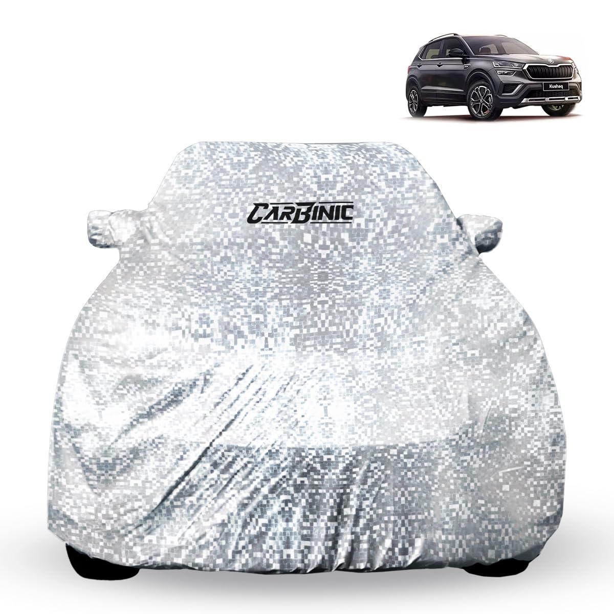 CARBINIC Waterproof Car Body Cover for Skoda Kushaq 2021 | Dustproof, UV Proof Car Cover | Kushaq Car Accessories | Mirror Pockets & Antenna Triple Stitched | Double Layered Soft Cotton Lining, Silver