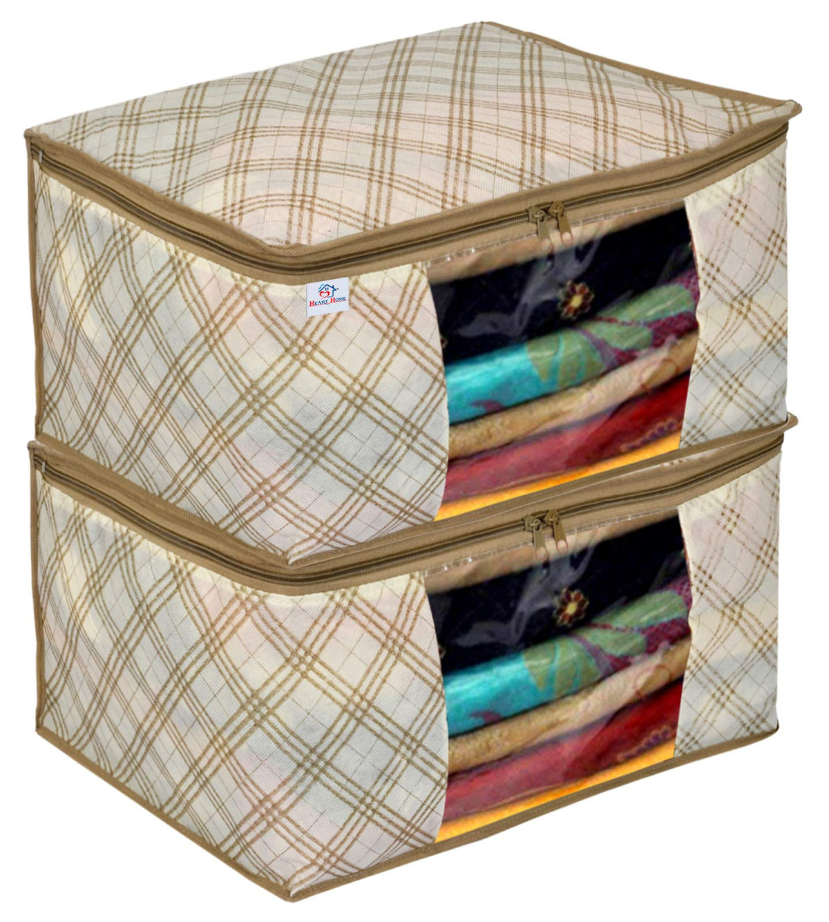 Heart Home Metalic Checkered Print 2 Piece Non Woven Fabric Saree Cover/Clothes Organiser For Wardrobe Set with Transparent Window, Extra Large (Ivory)-HHEART16501