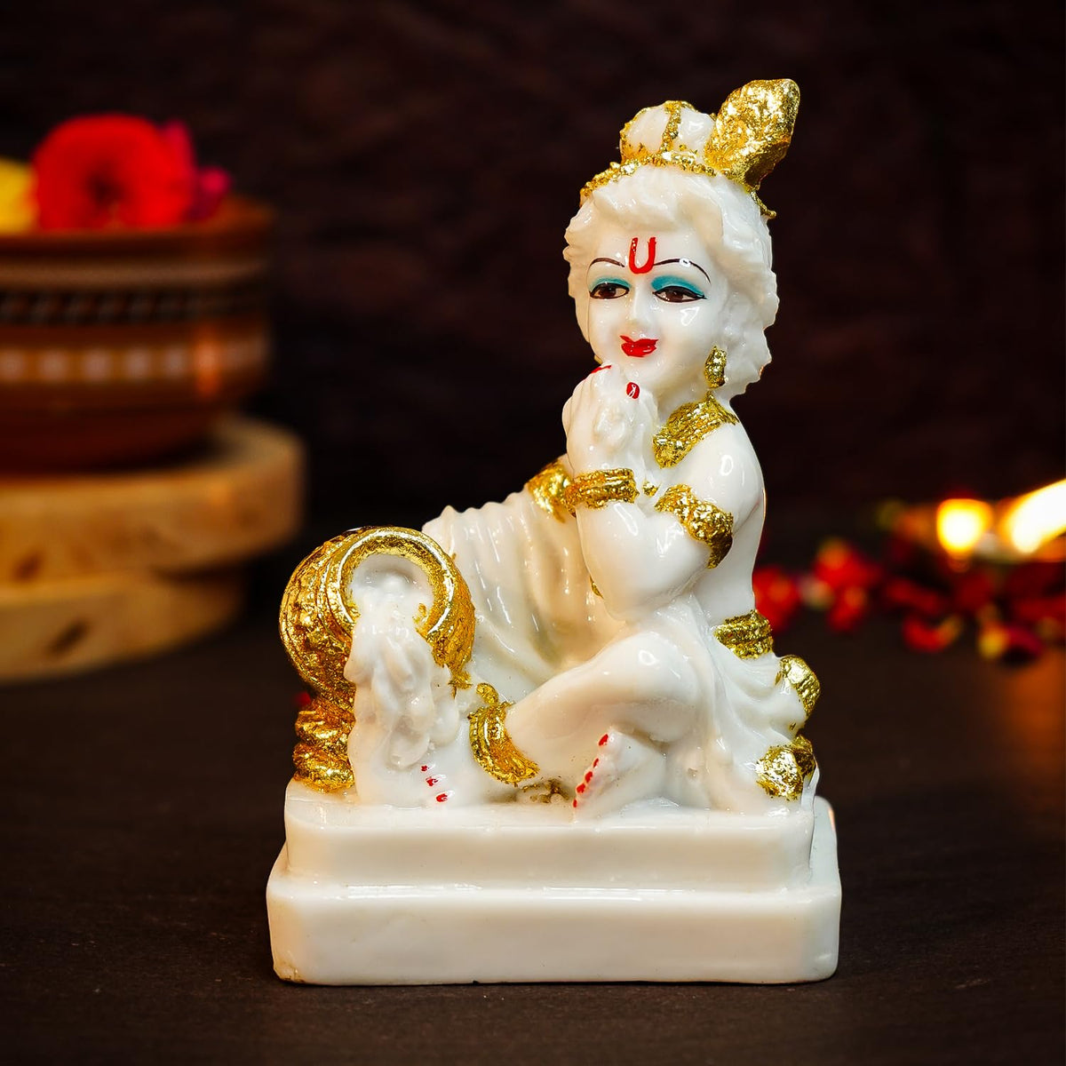 Ekhasa Aura Series Marble Dust Bal Gopal Murti (5 inch) | Gold Plated Laddu Gopal Murti for Pooja Room | Resin Baby Krishna Idol for Home | Bal Krishna Idol | Sri Krishna Idols Gift | Makan Chor Idol