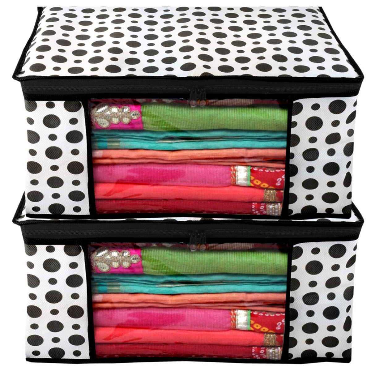 Kuber Industries Polka Dots Design 2 Piece Non Woven Fabric Saree Cover/Clothes Organiser for Wardrobe Set with Transparent Window, Extra Large, (Black & White) -CTKTC038086