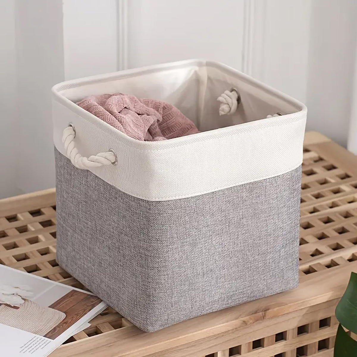 Kuber Industries Pack Of 6 Foldable Storage Basket|Polyester Toy Storage Bin|Wardrobe Organizer For Clothes (Grey & White)