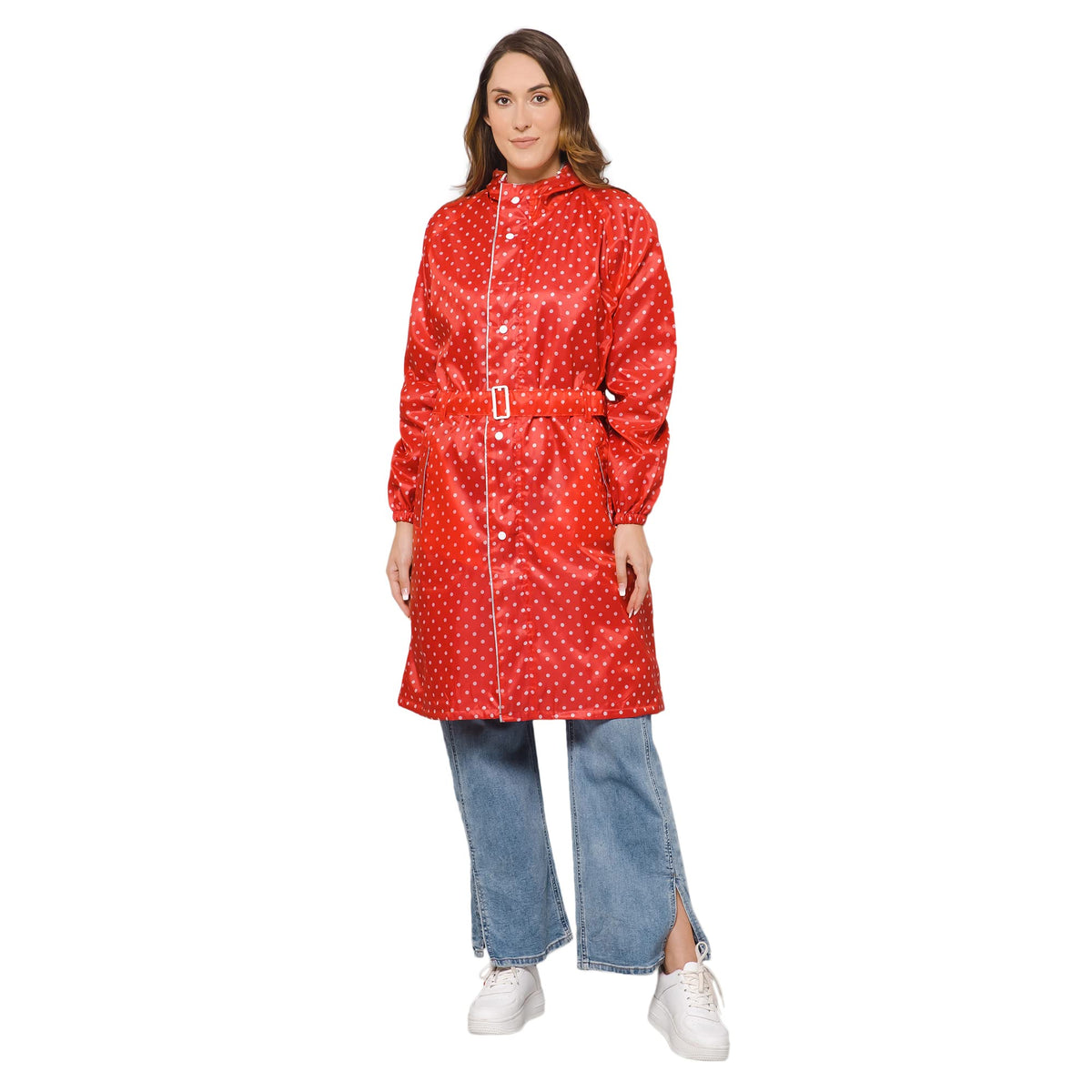 THE CLOWNFISH Raincoats for Women Rain Coat for Women Longcoat Raincoat for Ladies Waterproof Reversible Double Layer. Dotty Delight Series (Red, X-Large)