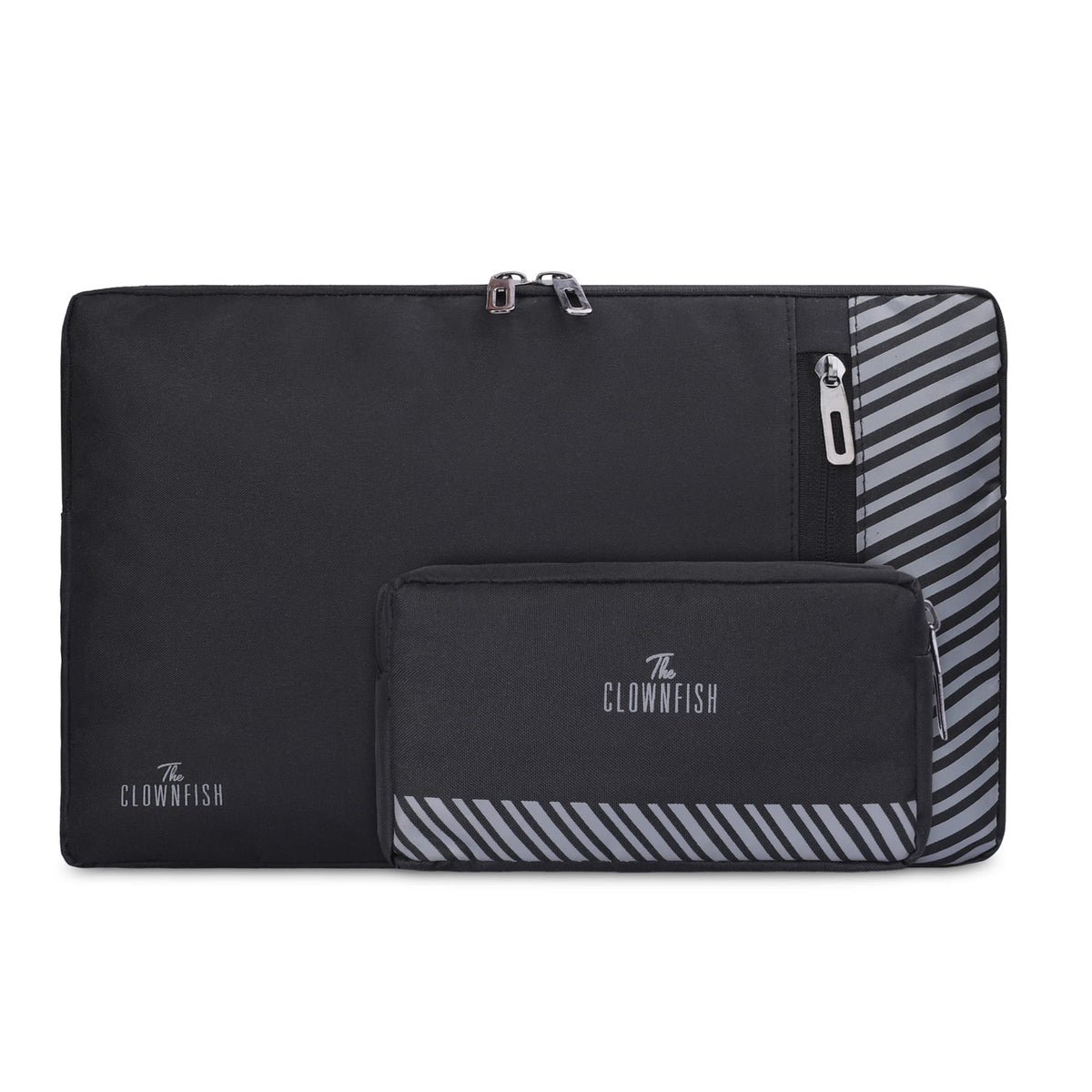 Clownfish Combo of Algo Series 14 inch Laptop Sleeve with Scholar Series Travel Pouch Toiletry Bag | Laptop Sleeves and Slipcases | Unisex Laptop Sleeve | Unisex Travel Pouch/Toiletry Kit | Black