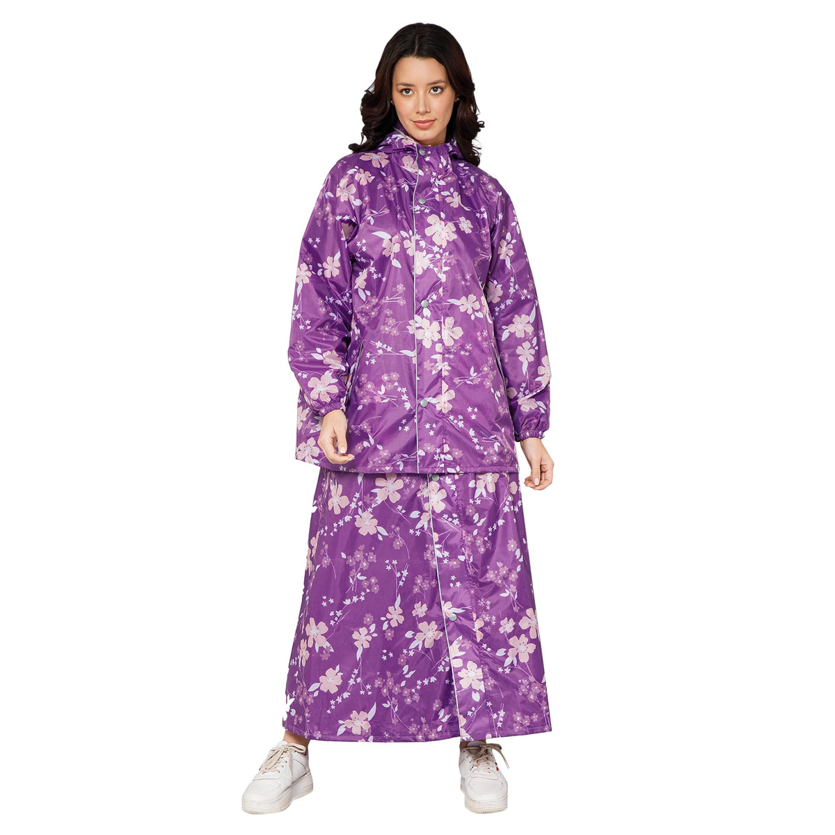 THE CLOWNFISH Polyester Waterproof Rain Coat For Women Skirt and Top Raincoat With Adjustable Hood and Front Pockets Rain Glam Series (Purple Floral, XX-Large)