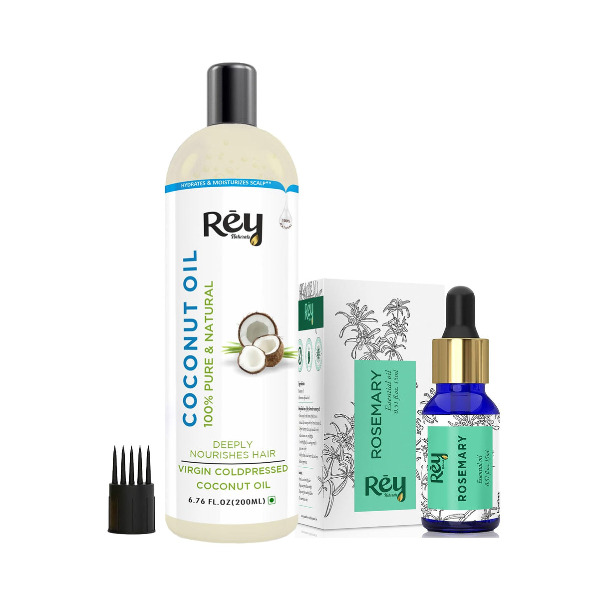 Rey Naturals Cold Pressed Coconut Oil For Hair and Skin 100% Pure & Natural (200 Ml) and Rosemary essential oil for hair growth Skin and Aroma 15ml