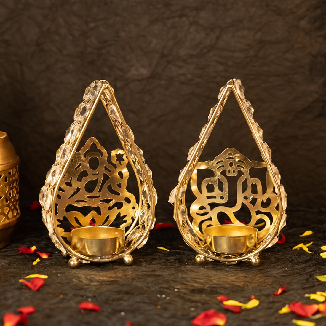 Ekhasa Metal Tealight Candle Holders for Home Decor | Perfect Candle Stand for Diwali Decoration and Table Decor | Indoor & Outdoor, Festival Decorative Candles Gift Items (Ganesh Laxmi, Set of 2)