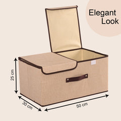 Kuber Industries Foldable Storage Box | Double Lid Storage Box with Handle | Stackable Storage Box For Clothes-Toys-Books | YJA008-BGE | Beige