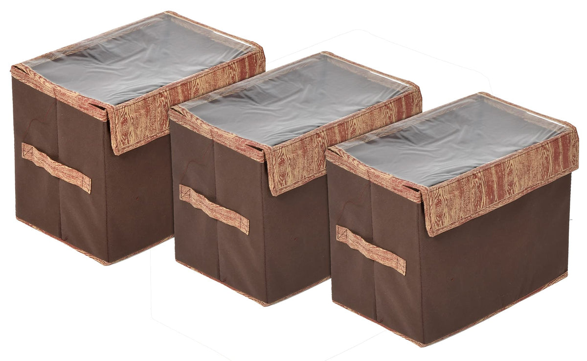 Kuber Industries Wooden Design Foldable Large Non-Woven Storage Box/Bin For Books, Towels, Magazines, DVDs & More With Tranasparent Lid- Pack of 3 (Brown) -44KM0446