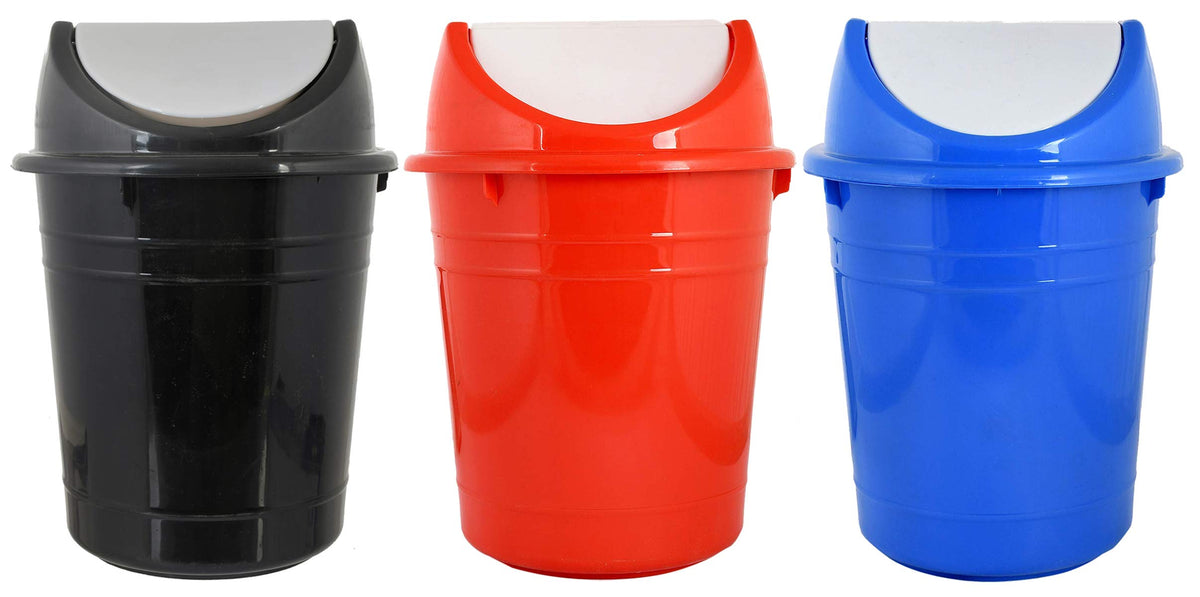 Kuber Industries Plastic 3 Pieces Medium Size Swing Lid Garbage Waste Dustbin for Home, Office, Factory, 10 Liters (Black & Blue & Red)-KUBMART10224_Standard