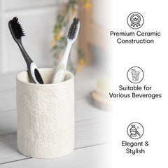 Anko Ceramic Toothbrush Holder for Bathroom | Toothpaste, Makeup Brush Holder for Bathroom | Bathroom Accessories for Wash Basin | Home, Office, Bathroom Organiser | White, Textured | Set of 3