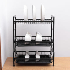 Kuber Industries 3-Layer Dish Drying Rack|Storage Rack for Kitchen Counter|Drainboard & Cutting Board Holder|Premium Utensils Basket|Free Mounting Pack of 3 (Black)