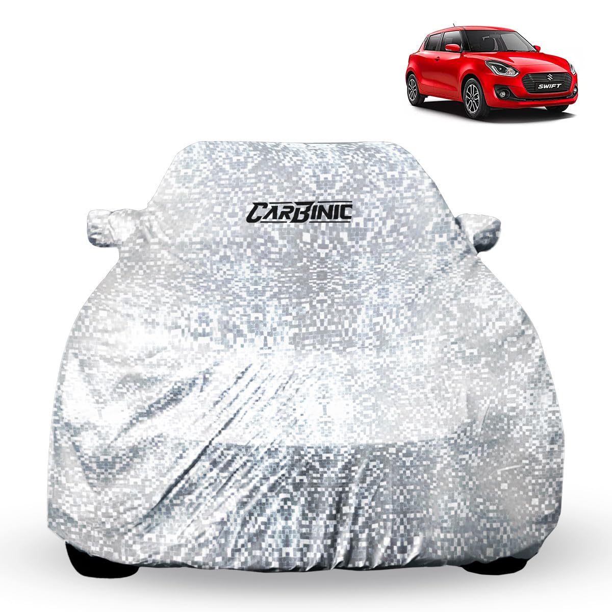 CARBINIC Waterproof Car Body Cover for Maruti Swift 2018 | Dustproof, UV Proof Car Cover | Swift Car Accessories | Mirror Pockets & Antenna Triple Stitched | Double Layered Soft Cotton Lining, Silver