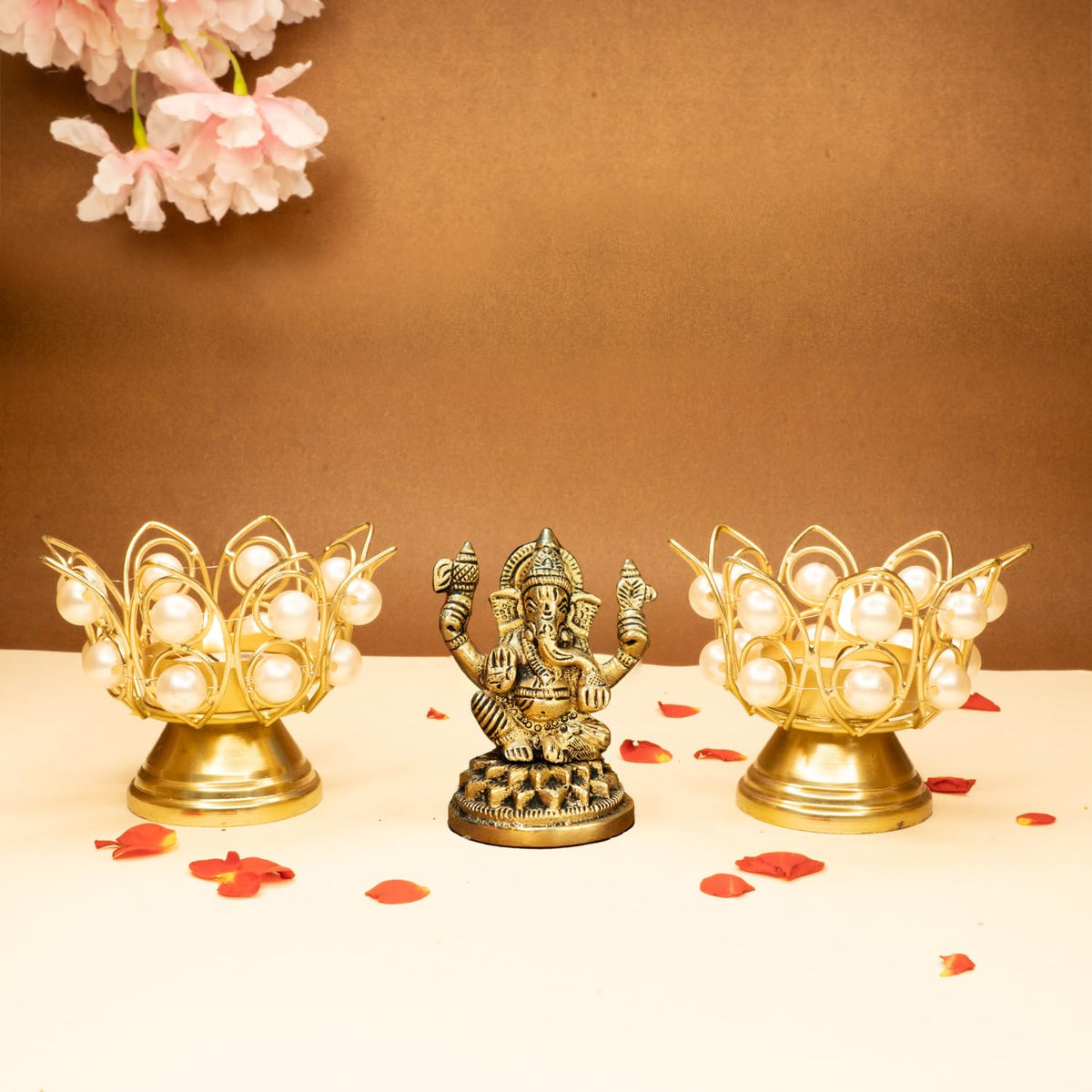 Ekhasa 100% Pure Brass Ganesh Idol & Tealight Candle Holder | Pital Ganesh Murti for Pooja Room, Home Decor, Office Desk, Car Dashboard | Vinayagar Statue for Diwali Puja (Combo Set)