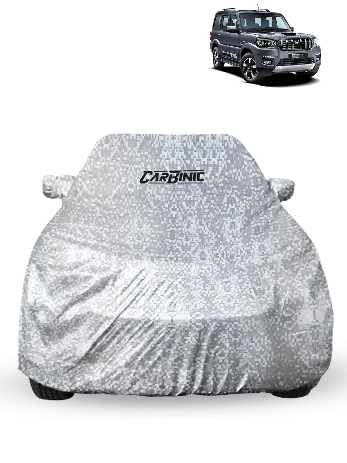 CARBINIC Waterproof Car Body Cover for Mahindra Scorpio Classic 2023 | Dustproof, UV Proof Car Cover | Car Accessories | Mirror Pockets & Antenna Triple Stitched | Double Layered Soft Cotton Lining