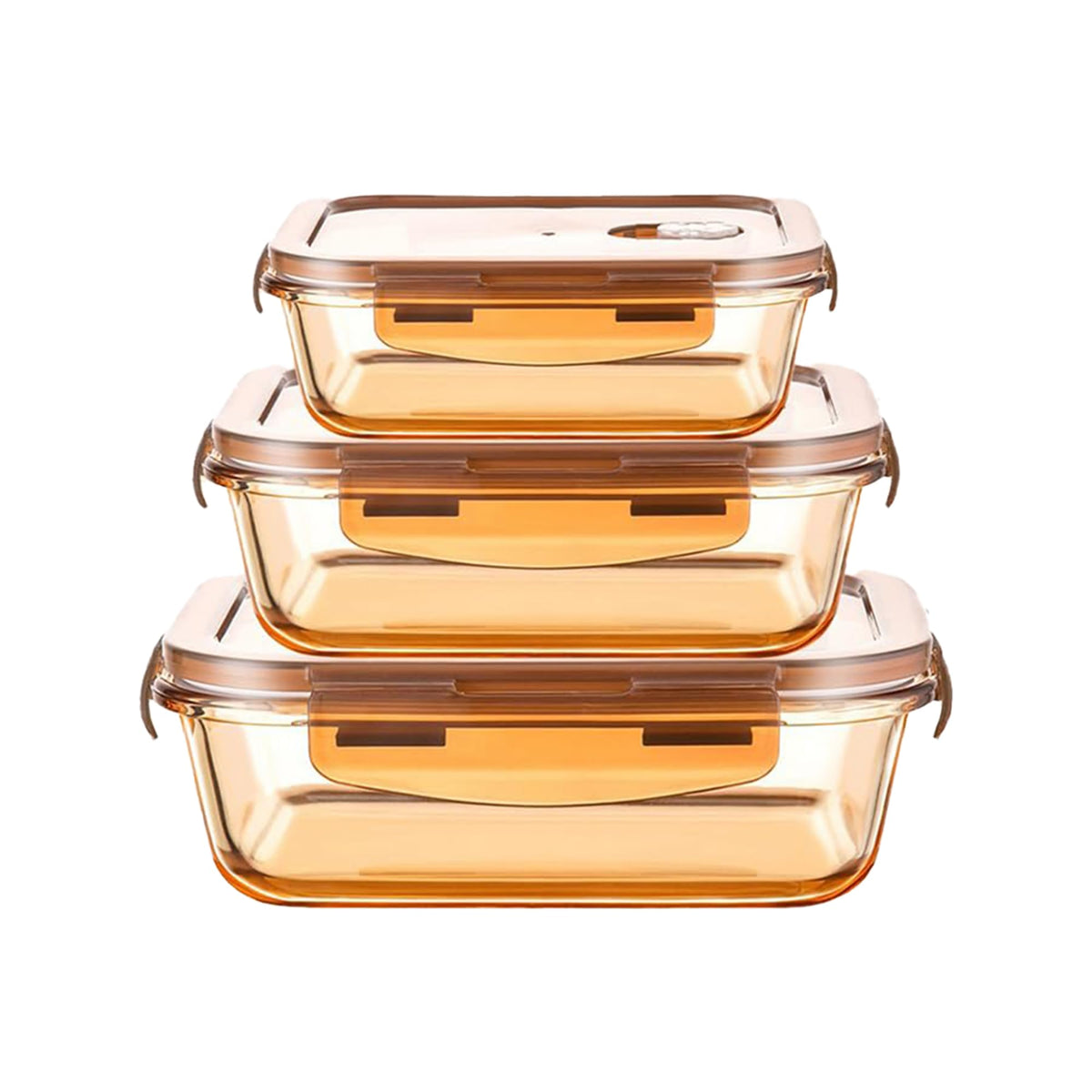 UMAI Pack of 3 Borosilicate Glass Kitchen Containers Set with Airvent Pp Lid | Airtight Rectangular Fridge Storage Boxes for Grains, Pulses, Spices, Snacks | 356ml 600ml 970ml Capacity | Amber