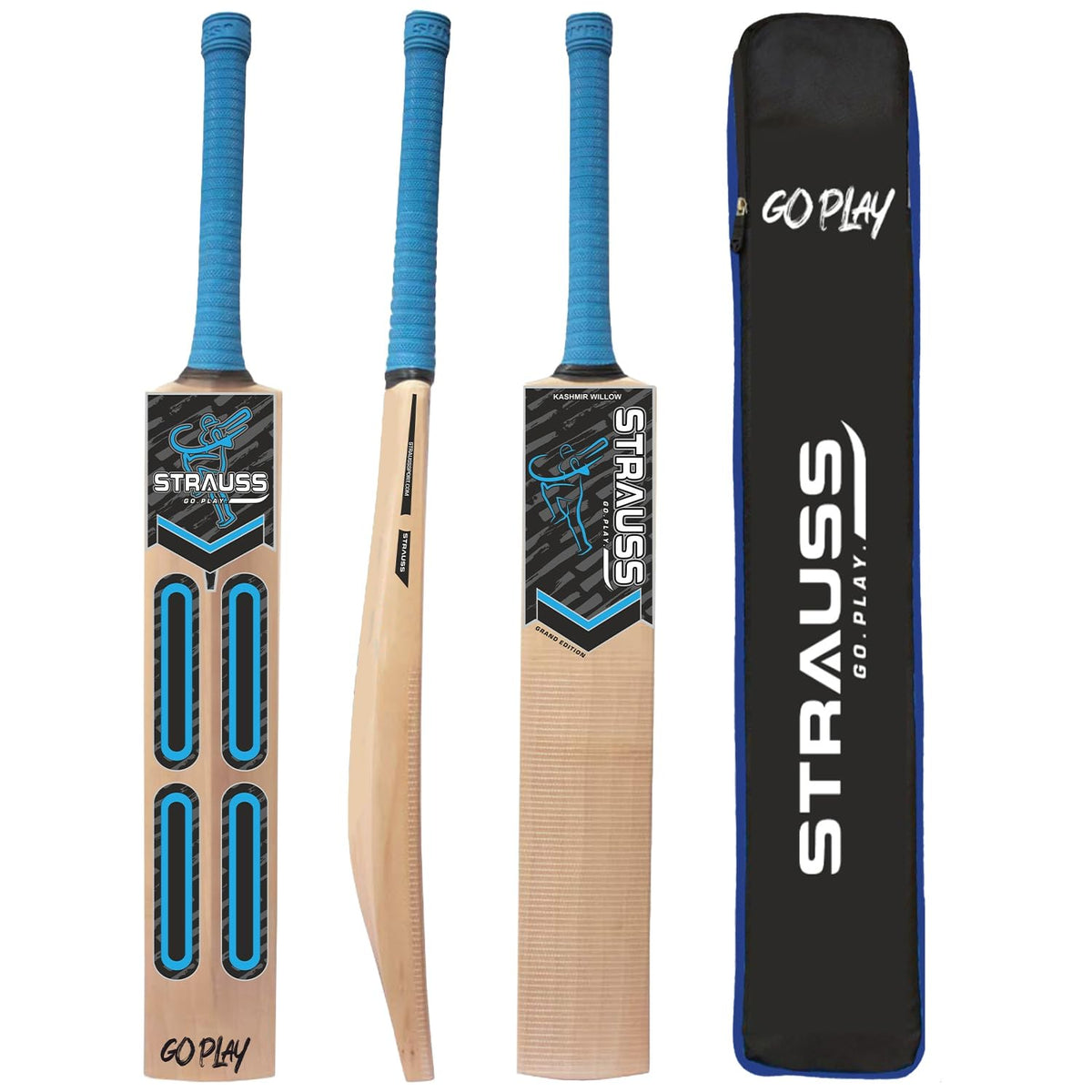 STRAUSS Grand Edition Kashmir Willow Scoop Cricket Bat |Size: Short Handle(SH) |Blue| Suitable for Tennis Ball |Ideal for Boys/Youth/Adults (900-1050 Grams)