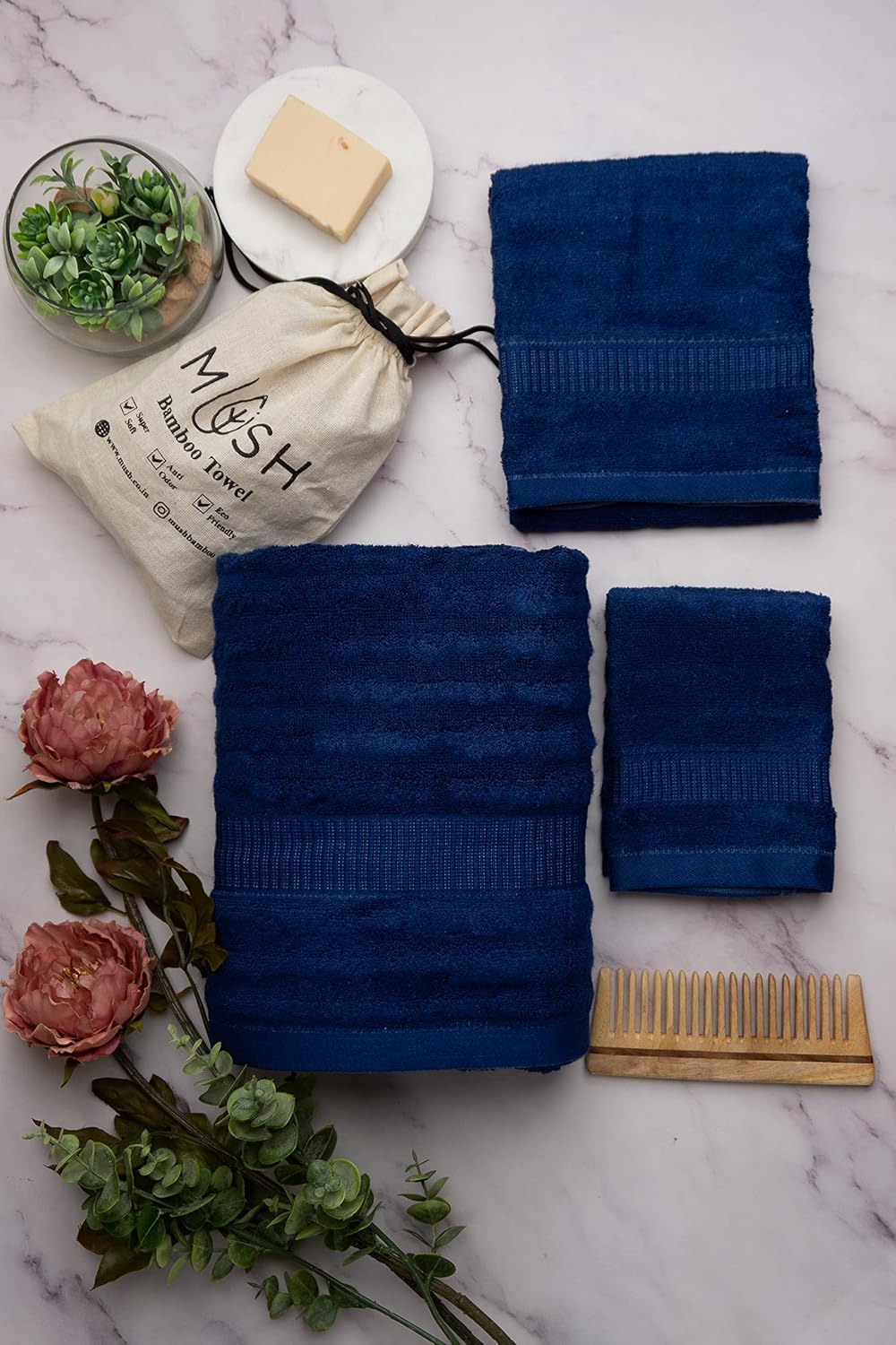 Mush Bamboo 3 PieceTowels Set | Ultra Soft, Absorbent and Antimicrobial 600 GSM (Bath Towel, Hand Towel and Face Towel) Perfect for Daily Use and Gifting (Navy)