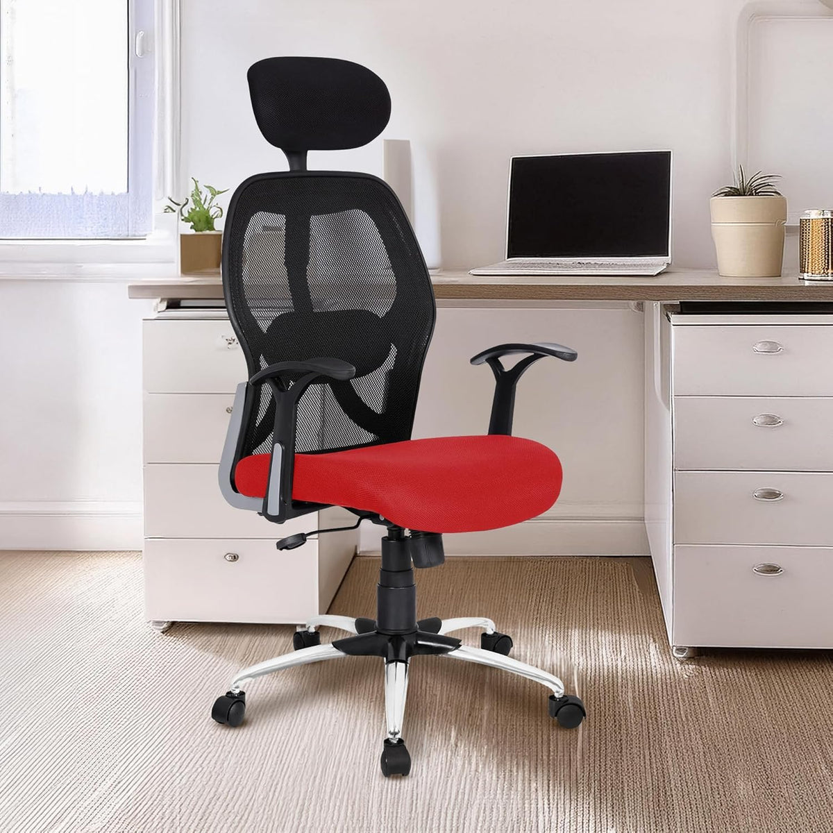 Kuber Industries Ergonomic Office Chairs for Work From Home | Comes with Manual Height Adjustable, Armrest, Headrest & 2D Lumbar Support | Comfy Study Chair for Students with Wheels | Black & Red Seat