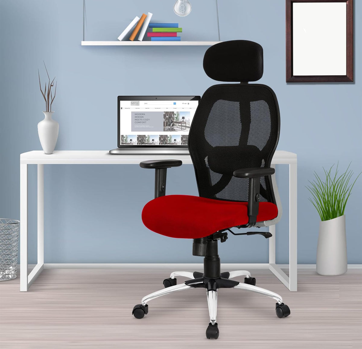 Kuber Industries Ergonomic Office Chairs for Work From Home | Comes with Manual Height Adjustable, Armrest, Headrest & 2D Lumbar Support | Comfy Study Chair for Students with Wheels | Black & Red Seat