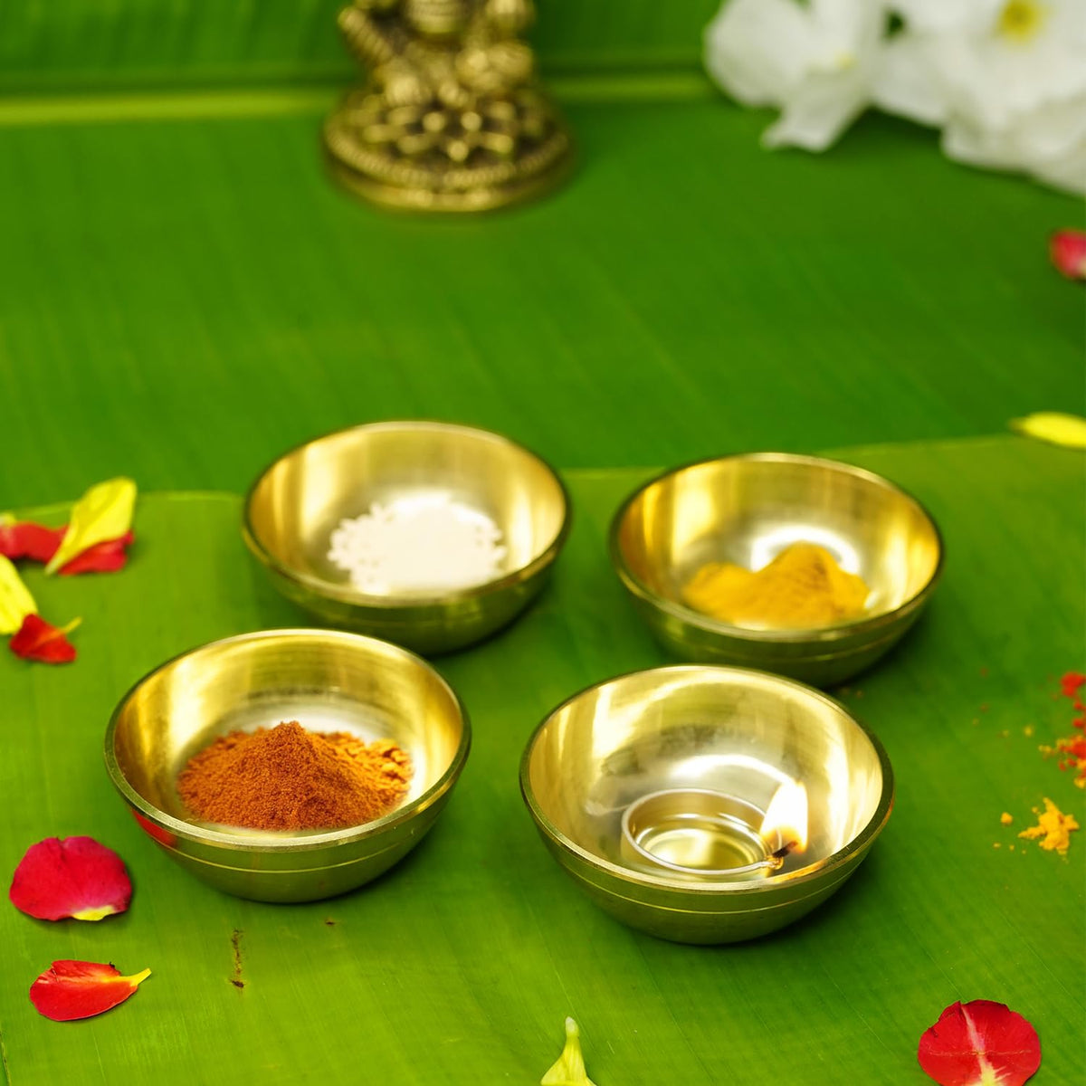 Ekhasa Pure Brass Katori for Pooja | Small Multipurpose Prasadam Bowls for Pooja | Katori for Prasad | Pooja Items Peetal Bowl (Set of 4) | Pital Diya Roli Chawal Kumkum Cups for Puja