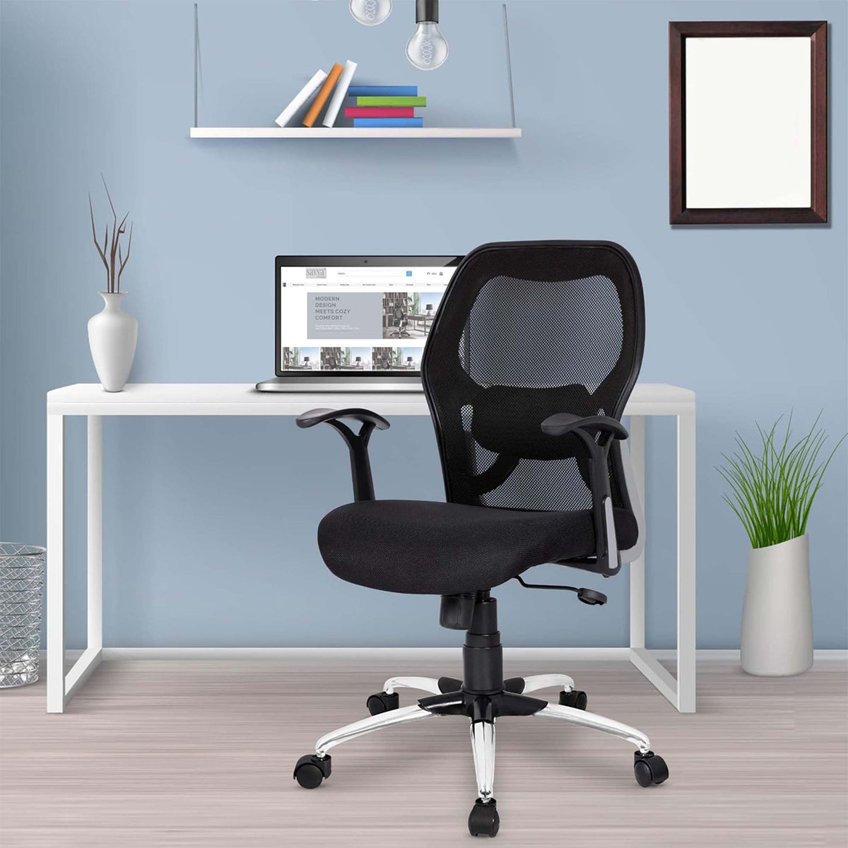 Kuber Industries Ergonomic Revolving Office Chairs for Work from Home | Comes with Manual Height Adjustable, Armrest Support | Comfy Study Chair for Students with Wheels | Black & Blue Seat