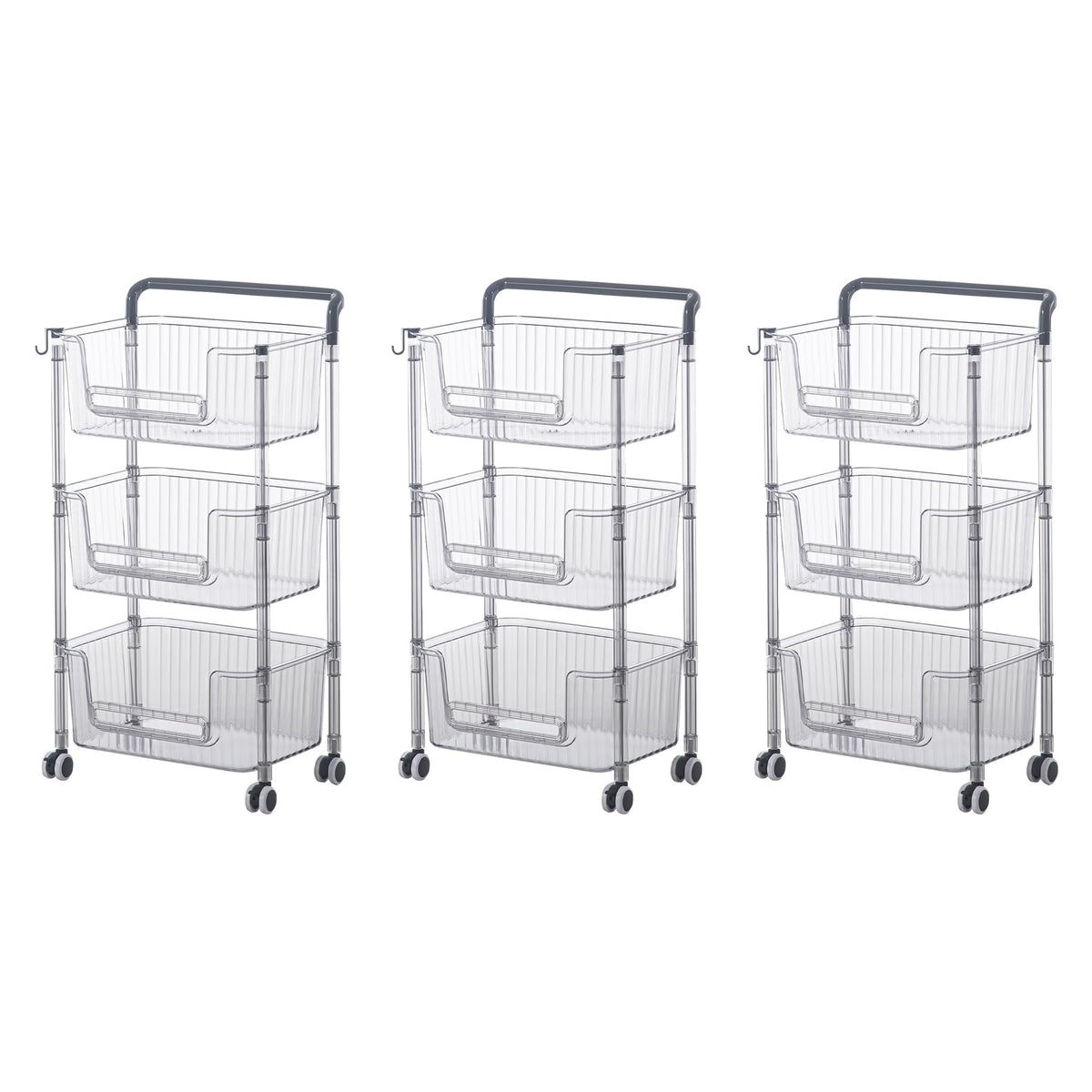 Kuber Industries Pack of 3 Multipurpose Trolley Storage Organiser | 3 Layer Shelf | Trolley with Wheels for Kitchen Accessories | Large Capacity, Easy installation, Space Saving | 2123 | Transparent