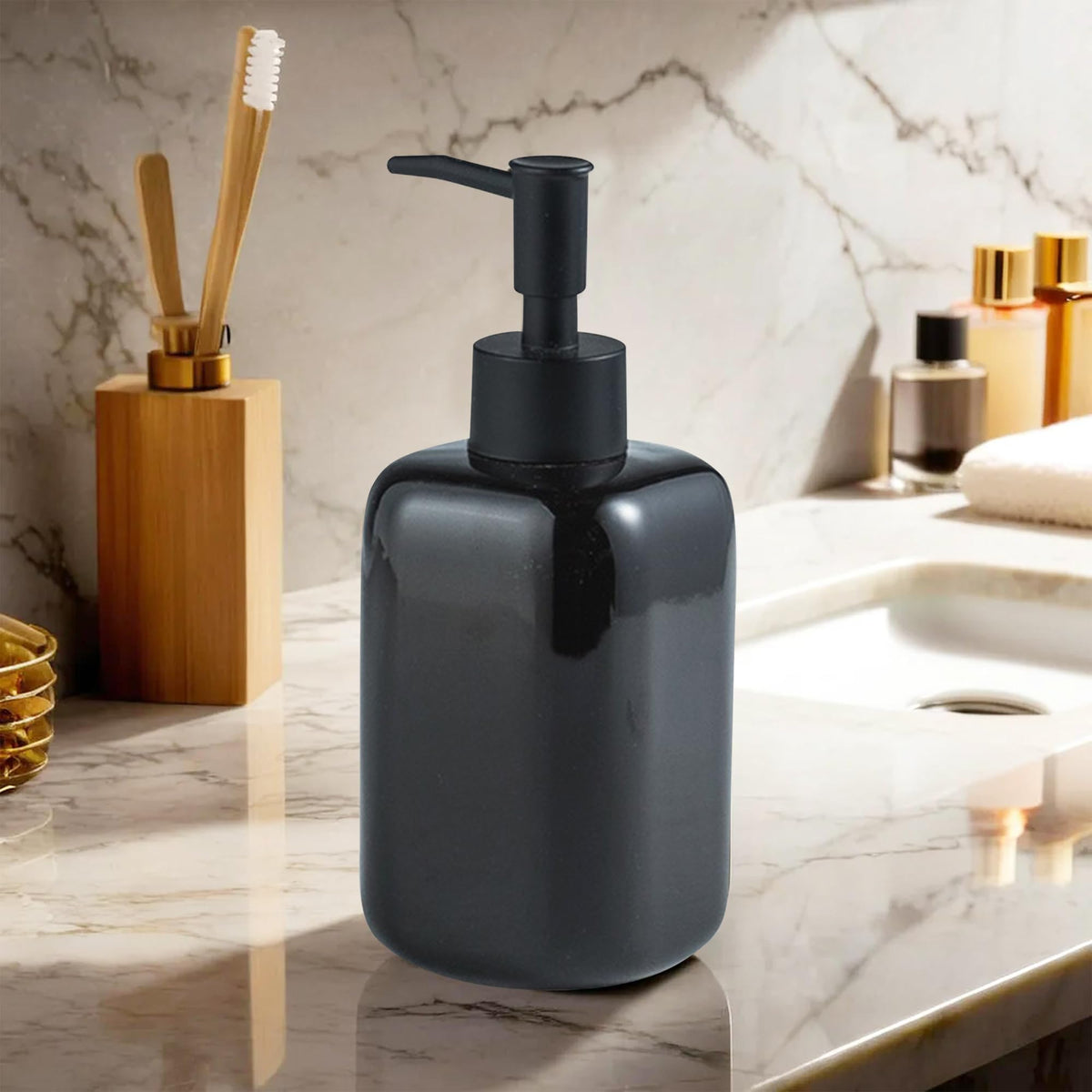 The Better Home 300ML Ceramic Soap Dispenser for Bathroom | Handwash Dispenser | Liquid Soap Dispenser for Kitchen | Bathroom Accessories | Handwash Bottle | Hand Wash Dispensers Pump | Black