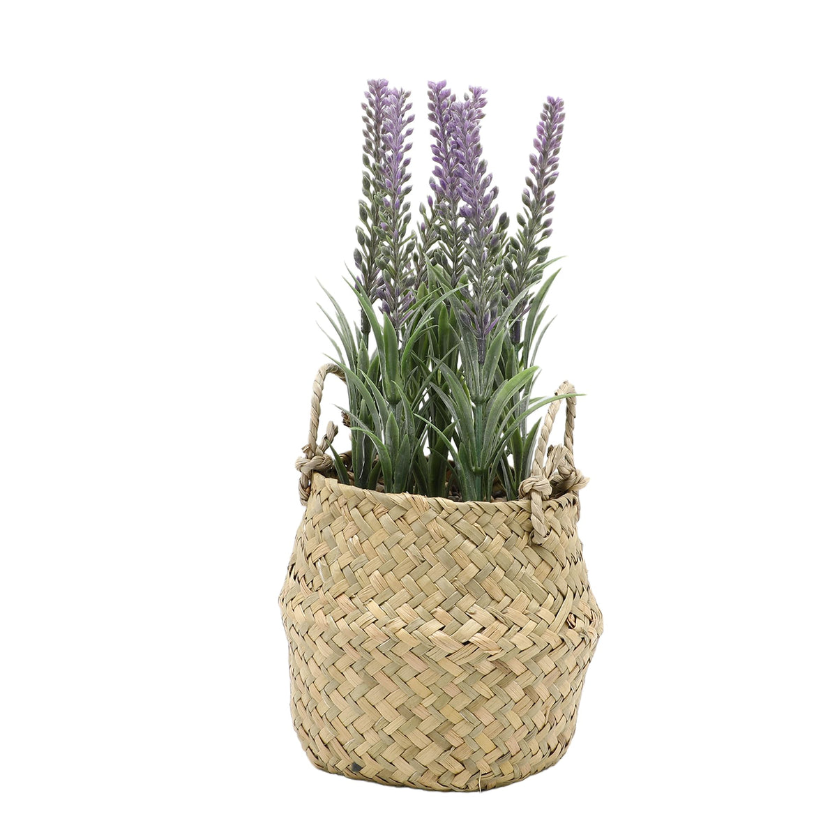 Artificial Artificial Lavender Plant in Seagrass Basket Planter with Handle | 28cm (H) x 13cm (Dia) | Showpiece for Home Decor, Office Desk, Bedroom, Balcony, Living Room, Table Top