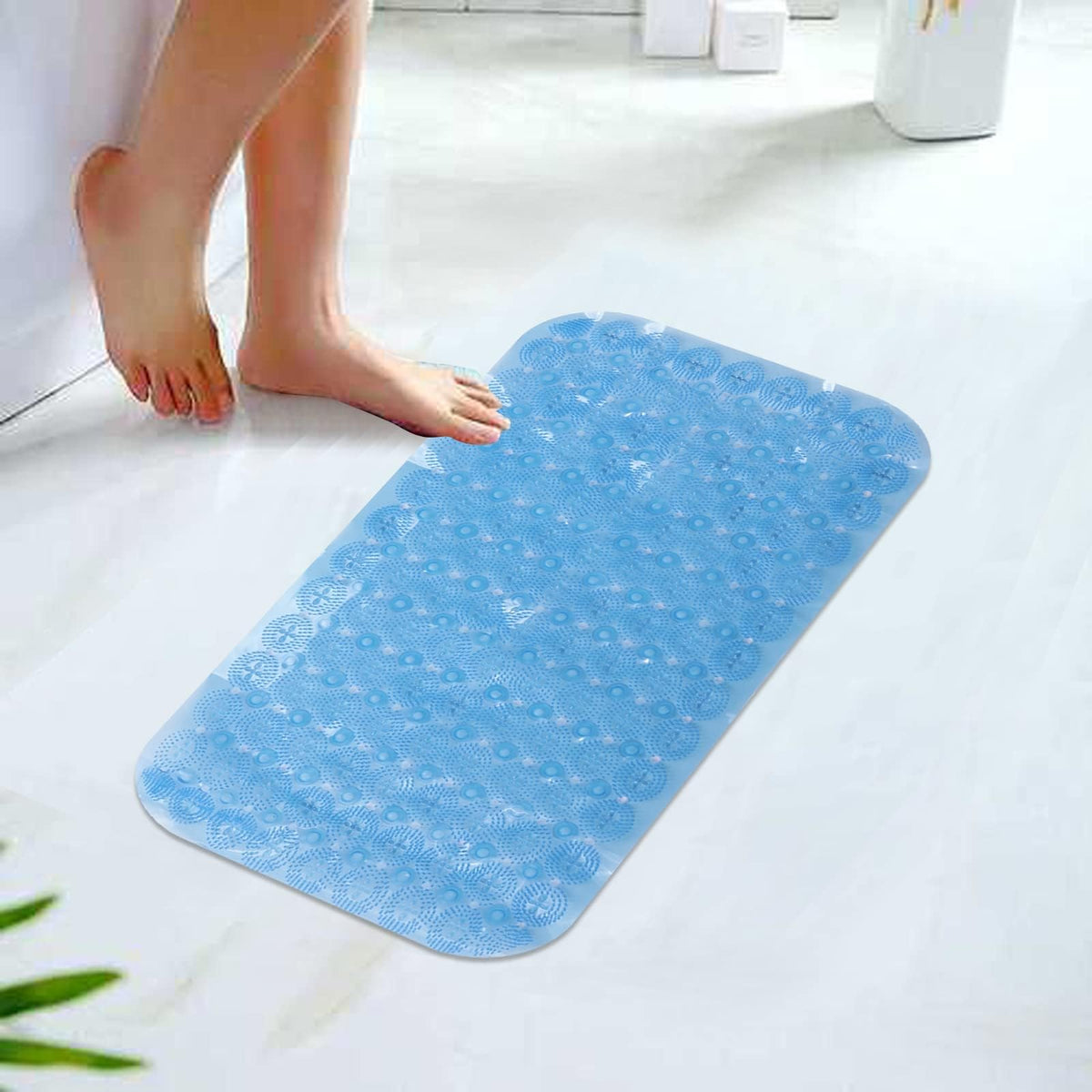 Savya Home Anti Skid Bath Mat for Bathroom, Mat for Kitchen, Mat for Shower area, Bathtub Mats|PVC Bath Mat with Suction Cup, Machine Washable Floor Mat (67x37 cm) (Light Blue)