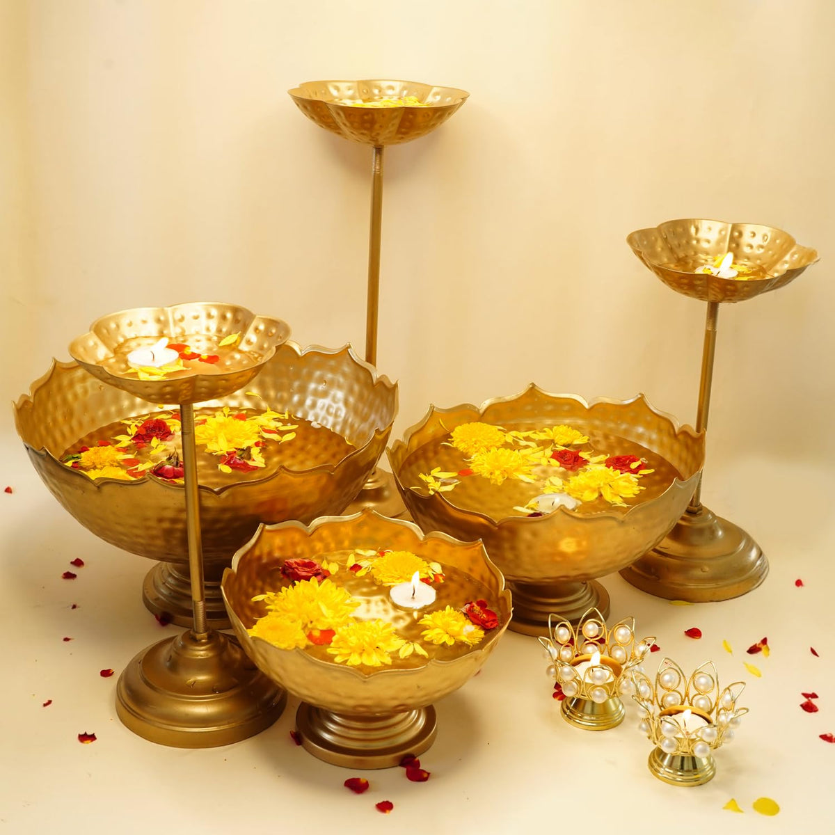 Ekhasa Big Combo Pack Taj Urli Bowl Stand & Tealight Holder for Home Decor | Floating Flowers Water Bowl Decorative Items (3 Bowls+3 Stands+2 Tealight Holders) for Diwali Pooja, Festivals Decoration