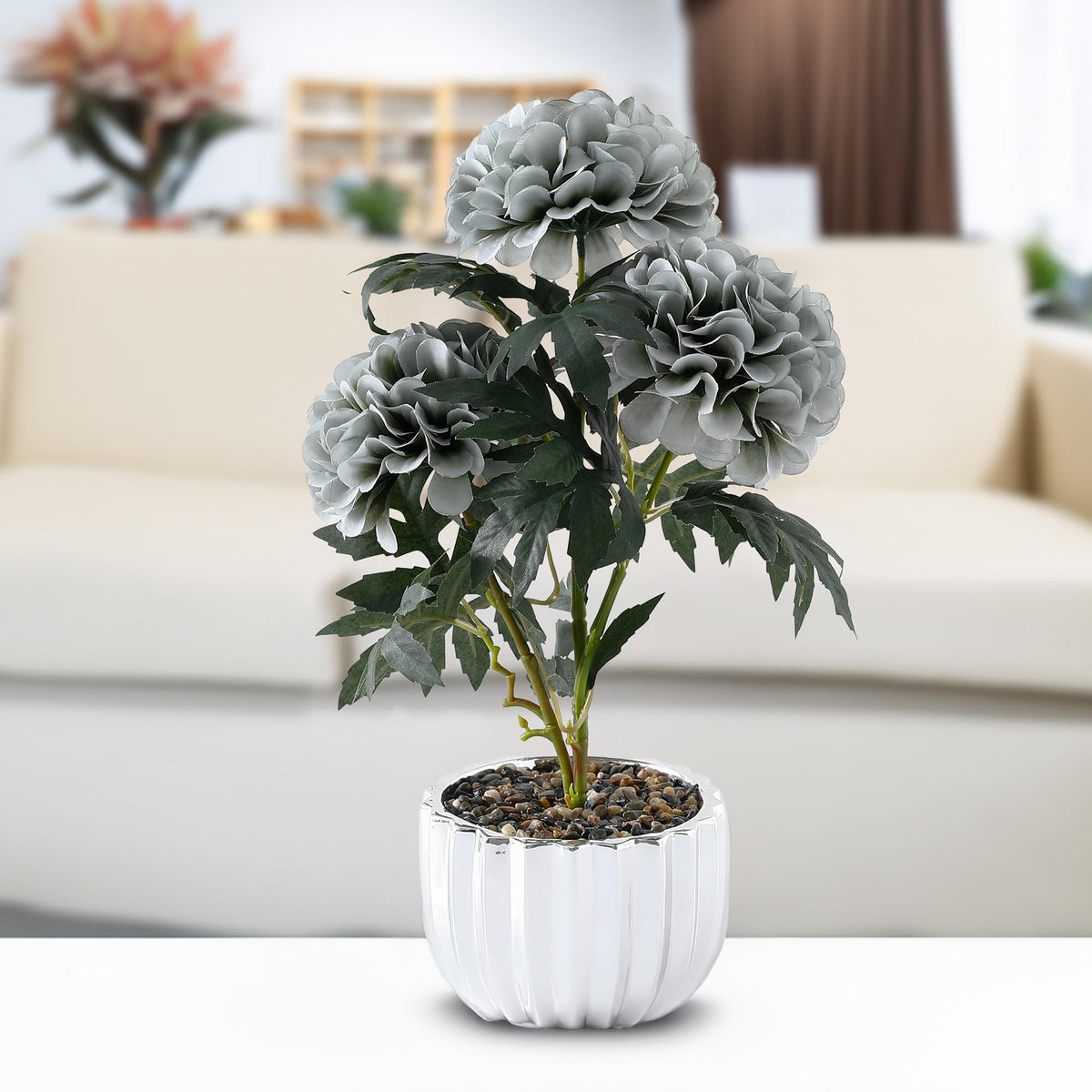 UMAI Artificial Flowers for Decoration with Pot | Aesthetic Room Decor Items for Living Room, Bedroom | Fake Plants for Office, Reception | Grey Dahlia Flowerpot | 38 CM Long