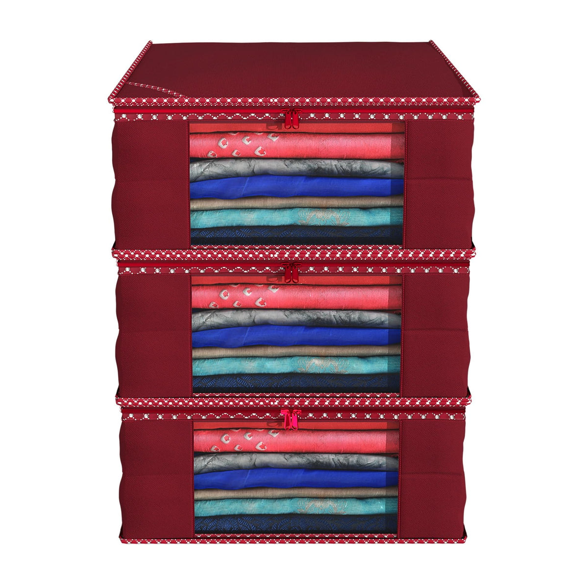 Kuber Industries Clothes Organizer For Wardrobe (Pack of 3) - Storage Organizer For Saree | Shirts | Salwar Suit | Lehenga - Dress Organizer For Wardrobe - Saree Covers With Zip (Maroon)