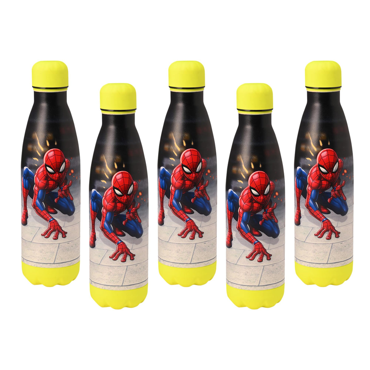 Kuber Industries 500 ml Water Bottle with 2 Lids | Marvel Spiderman | Stainless Steel Bottle for Travel-Gym & Sports | BPA-Free Insulated Sipper Bottle for Adults & Kids with Straw | Red | Pack of 5