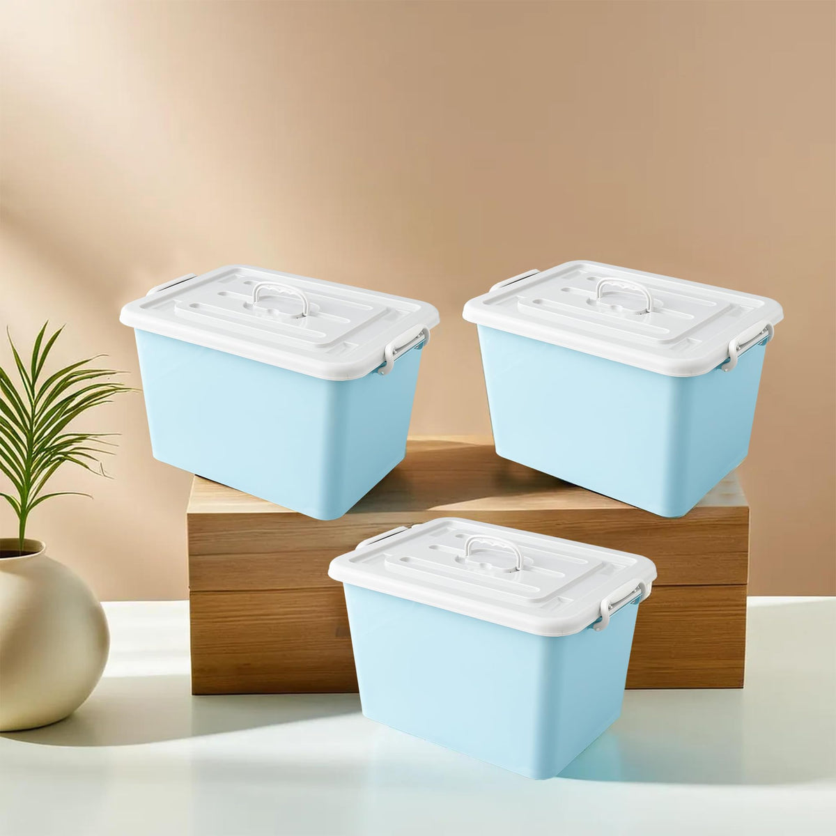Kuber Industries Pack of 3 Rectangular Storage Box | Storage Box with Lid and Double Side Handles | Stackable Storage Box with Wheel | YN6258 | Blue