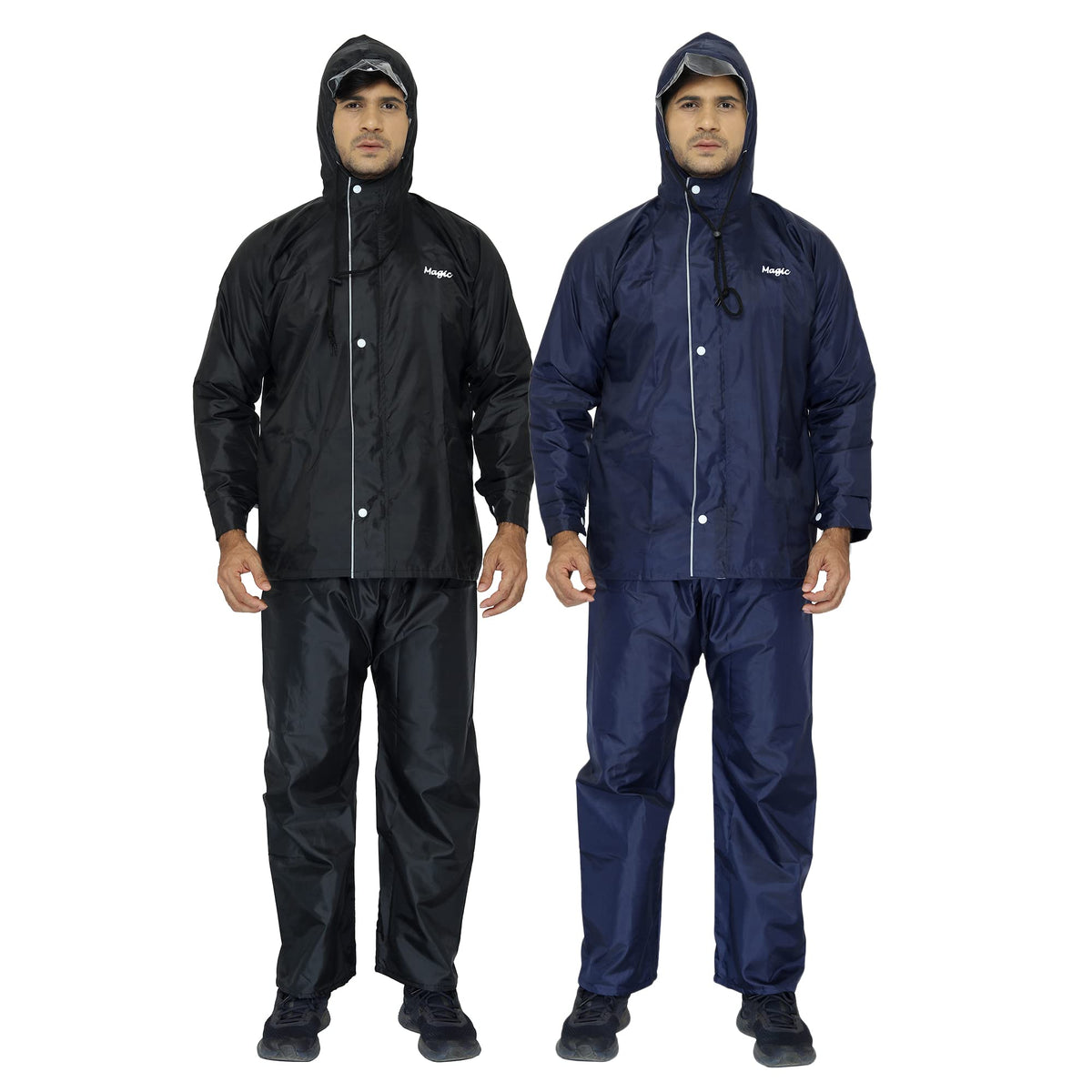 THE CLOWNFISH Combo Of 2 Rain Coats for Men Waterproof for Bike Reversible Double Layer with Hood Raincoat for Men. Set of Top and Bottom Packed in a Storage Bag Magic Series -Black, Blue (X-Large)